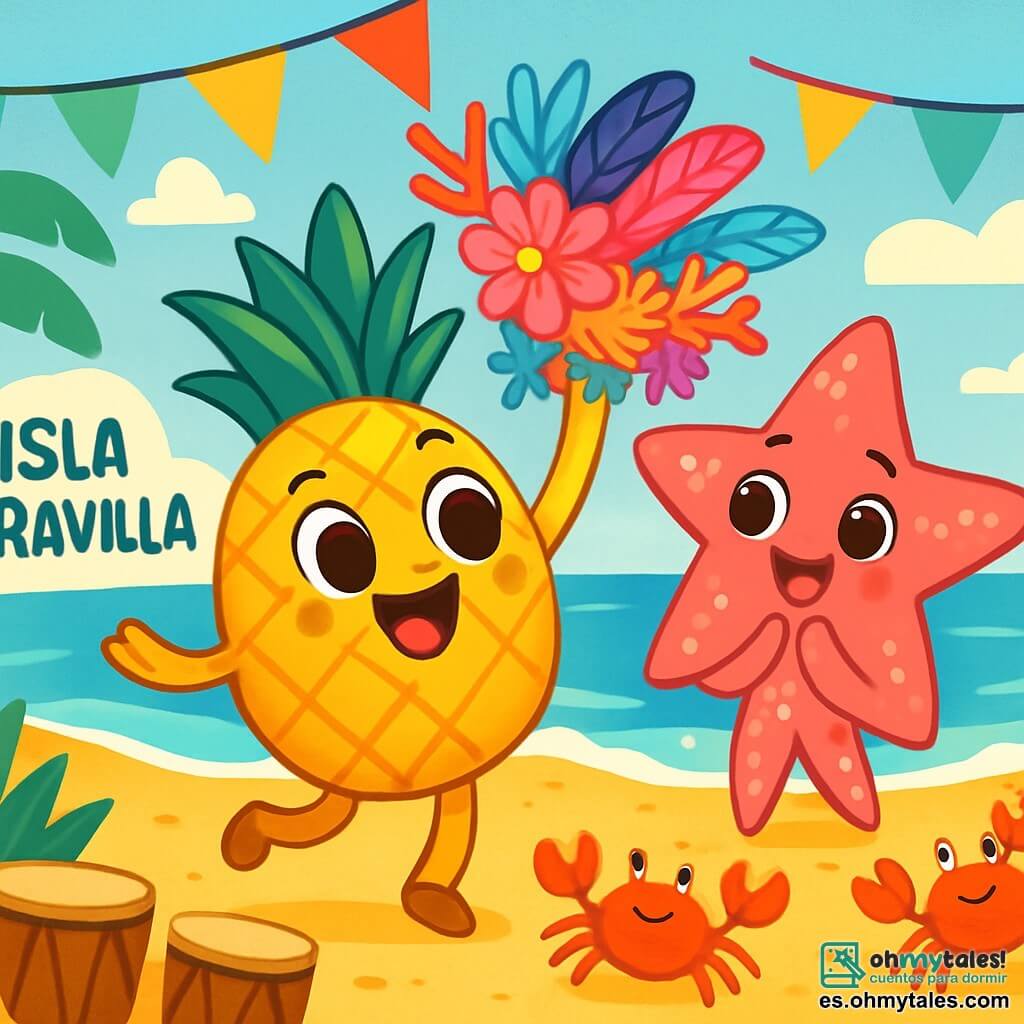 Coco la Piña, una pequeña piña sonriente con piel dorada y una brillante corona verde, baila alegremente en la playa, con sus hojas vibrando al viento. Sus grandes ojos marrones brillan de emoción mientras sostiene una hermosa corona colorida hecha de plumas, corales y flores. A su lado, Lili la Estrella de Mar, una estrella de mar rosa con cinco brazos brillantes, aplaude con entusiasmo, sus ojos resplandecen de felicidad. La escena transcurre en la playa de Isla Maravilla, donde banderines coloridos flotan en el aire, tambores de madera resuenan y cangrejos bailan sobre la arena dorada. Coco y Lili, rodeadas de sus amigos, preparan su corona de la amistad para el carnaval, llena de risas y magia.