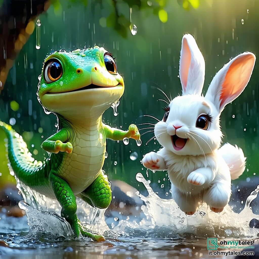 Al centro dell'immagine, Luminella, una piccola lucertola verde con squame brillanti, corre felicemente sotto la pioggia, con gli occhi scintillanti di gioia e un grande sorriso. È circondata da gocce d'acqua che brillano come diamanti alla luce. Alla sua destra, Bianchino, un coniglietto bianco dalle grandi orecchie, salta con entusiasmo, gli occhi spalancati per la sorpresa e la gioia, schizzando acqua mentre corre veloce. A sinistra, Guglielmo, un vecchio gufo saggio con piume marroni e occhiali tondi, li osserva da un ramo, con un sorriso benevolo, orgoglioso del suo allievo. Lo sfondo è una foresta incantata, con grandi alberi verdi, fiori colorati e foglie che cadono dolcemente sotto la pioggia. Il terreno è cosparso di pozzanghere dove gli animali si divertono a saltare. La scena rappresenta una corsa gioiosa e giocosa sotto la pioggia, dove tutti gli animali della foresta si riuniscono per celebrare l'amicizia e il piacere di correre insieme, nonostante le intemperie.