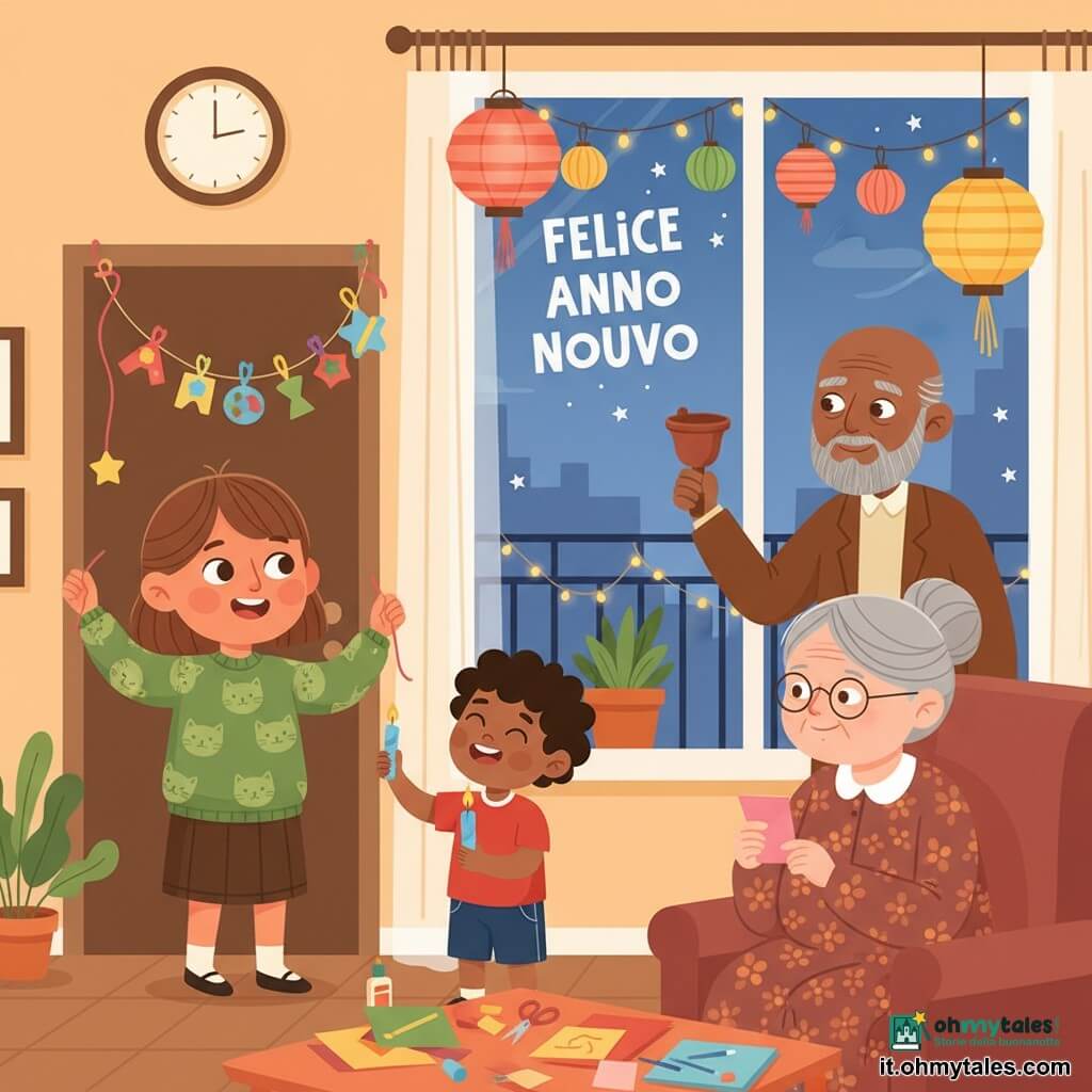 Bambina di 8 anni, capelli castani in due trecce, volto rotondo, occhi brillanti, sorriso dolce, maglione verde con gatti, gioiosa e concentrata, tiene una ghirlanda di carta con lettere sopra la porta; suo fratellino di 6 anni, capelli ricci, espressione ridanciana, maglietta rossa, tiene una piccola candela blu e la guarda; nonna di circa 70 anni, capelli grigi raccolti, occhiali sottili, abito a fiori, seduta vicino a un tavolo con un biglietto rosa, sorride teneramente; vicino di casa anziano, uomo intorno ai 65 anni con barba corta e cappotto marrone, tiene una vecchia campanella metallica arrugginita vicino alla finestra; salotto caldo e animato con finestra sul balcone, luci soffuse, tavolo pieno di carte, forbici, colla e nastri, divano con plaid, ghirlanda sopra la porta e decorazioni di Capodanno; la famiglia celebra la vigilia: i bambini appendono e leggono desideri sulla ghirlanda mentre la nonna e il vicino li osservano con tenerezza, campanella pronta a suonare, atmosfera intima al crepuscolo con luci scintillanti.