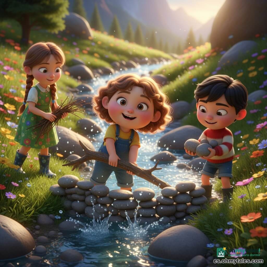 Lila, de 2 años, alegre y decidida, con rizos castaño claro, empuja una rama grande para ayudar a construir una pequeña presa; a su derecha Tomás, de 4 años, sonriente y valiente, de cabello corto negro, coloca piedras; atrás a la izquierda Ana, de 3 años, curiosa y concentrada, con trenza, trae ramitas; están en una clara de montaña en la cumbre con hierba verde húmeda, flores silvestres, rocas redondeadas y un arroyo desbordado de agua clara; la escena muestra a los tres amigos construyendo juntos una presa de piedras y ramas para detener el agua, con salpicaduras suaves, sol bajo dorado, colores vivos y formas redondeadas que transmiten calidez y seguridad.