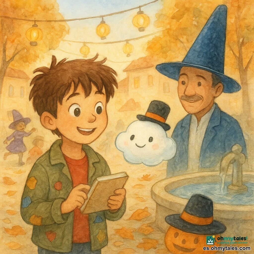 Un niño de 10 años, Tomás, con cabello castaño despeinado y ojos curiosos, sostiene un pequeño cuaderno. Tiene una sonrisa maravillada y lleva una chaqueta con parches coloridos. A su lado, una pequeña nube llamada Nieblita flota suavemente, con un diminuto sombrero negro con cinta naranja, pareciendo alegre. Don Zafiro, un hombre de unos cincuenta años, está cerca de la fuente, con un gran sombrero azul brillante, y mira a Tomás con una sonrisa amable. La escena se desarrolla en una plaza de pueblo animada, iluminada por linternas colgantes, con calabazas talladas y niños disfrazados corriendo alrededor. La situación principal muestra a Tomás y Nieblita encontrando el pequeño sombrero cerca de la fuente, rodeados de hojas otoñales y reflejos en el agua.