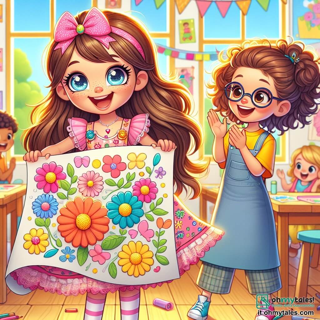 Al centro dell'immagine, una ragazza di 8 anni di nome Ludovica, con lunghi capelli castani e occhi brillanti, indossa un bel vestito rosa decorato con motivi di farfalle. Sorride entusiasta, tenendo un grande disegno colorato di fiori e farfalle tra le mani, pronta a mostrarlo ai suoi amici. Alla sua destra, un'altra ragazza di 8 anni, Sara, con capelli ricci e occhiali, applaude gioiosamente, indossando una maglietta gialla brillante e una gonna blu. Sta saltando sul posto, piena di energia ed eccitazione. Lo sfondo è un'aula luminosa, con pareti decorate con disegni di bambini e finestre che lasciano entrare la luce del sole, illuminando i tavoli di legno dove altri bambini sono seduti, ridendo e giocando. La scena principale mostra Ludovica e Sara che condividono la loro gioia durante un'attività artistica, circondate dai loro compagni, tutti uniti nell'entusiasmo del ritorno a scuola, creando un momento di amicizia e felicità.