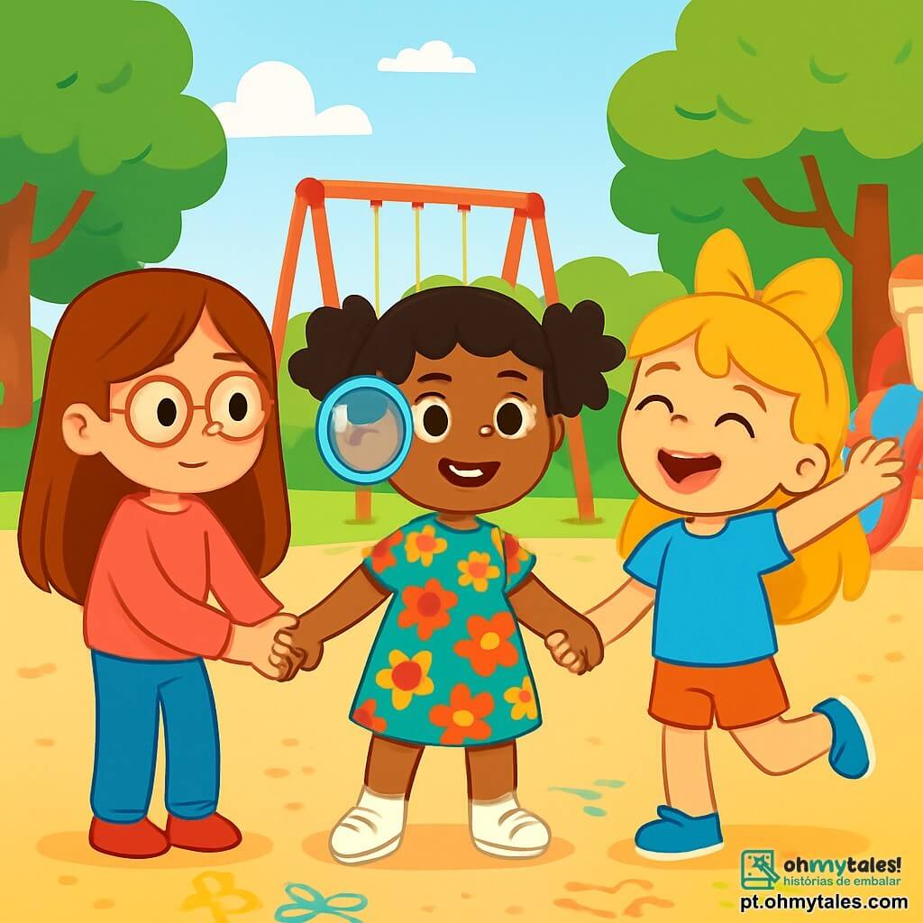 Há 3 personagens: - Sofia: uma menina de 8 anos com cabelos longos e castanhos e óculos redondos. Ela usa um suéter rosa e um jeans azul, está em pé, um pouco afastada, com uma expressão tímida no rosto, observando os outros. - Lara: uma menina de 8 anos com cabelos negros muito cacheados, presos em dois rabos de cavalo. Ela usa um vestido colorido com flores e tênis brancos, está no centro, sorridente, segurando uma lupa de plástico, pronta para explorar. - Inès: uma menina de 8 anos com cabelos loiros e um grande laço amarelo na cabeça. Ela usa uma camiseta azul e um short, está ao lado de Lara, rindo e levantando os braços como se anunciasse uma grande descoberta. O local é um pátio de escola ensolarado, cercado por grandes árvores verdes. Há balanços e tobogãs coloridos ao fundo, e o chão é coberto de areia e pequenas pedras. Desenhos de giz decoram o chão, adicionando cor ao ambiente. A situação principal mostra as três amigas brincando juntas, formando um círculo. Sofia, embora tímida, começa a sorrir segurando a mão de Lara. Inès, cheia de energia, faz um gesto no ar, como se anunciasse uma nova aventura. A atmosfera é alegre e amigável, ilustrando o tema da amizade e da coragem diante dos medos.