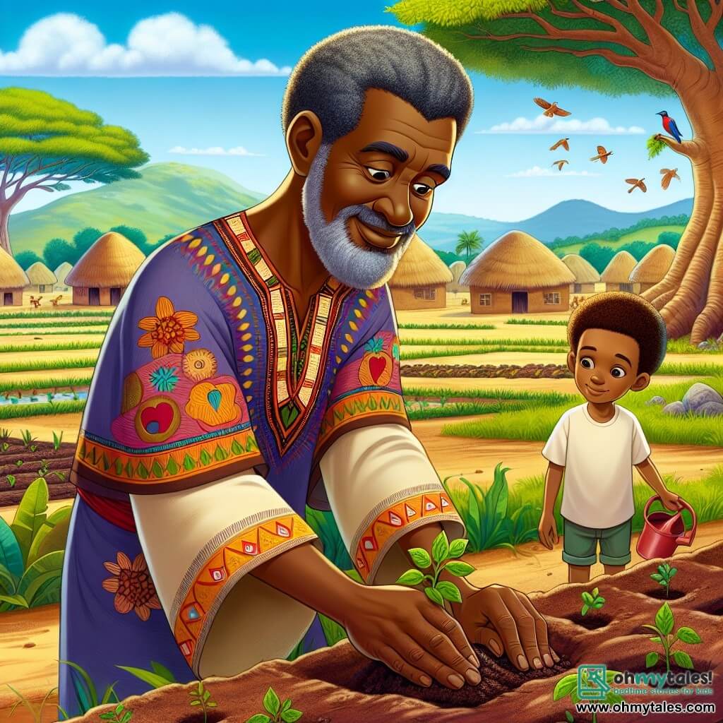 In the foreground, Kofi, a man in his fifties, stands with a determined and kind expression on his face. He has warm brown skin, graying curly hair, and wears a colorful tunic adorned with African patterns. He is planting seeds in the fertile soil, his hands immersed in the earth, symbolizing hope and rebirth. Beside him, Tunde, a boy of about ten, watches with bright, admiring eyes. He has light brown skin, short curly hair, and wears a simple t-shirt and shorts. He holds a small watering can, ready to help Kofi grow the seeds. In the background, the village of Kijani spreads out with clay houses and thatched roofs, surrounded by lush fields as far as the eye can see. Majestic trees, like baobabs, stand proudly while colorful birds fly in the blue sky. The scene depicts Kofi and Tunde planting seeds together, symbolizing the union between generations and respect for nature, under a sunny sky that promises new life for their village.