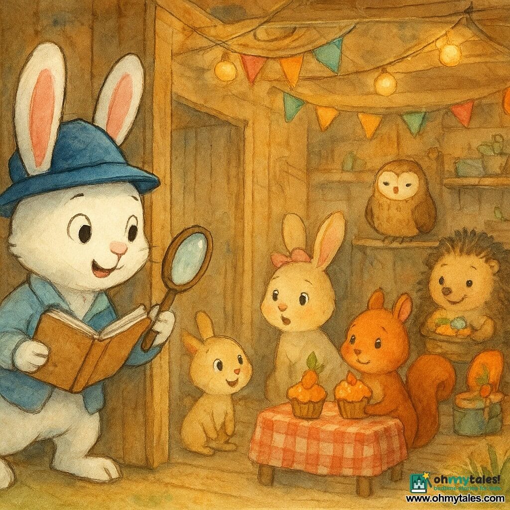 Benny, a white detective rabbit with a slightly askew blue hat, curious smile, magnifying glass and notebook, gently opens the door of a warm wooden community shed to discover a joyful secret meeting: his sister Bella, a beige rabbit with a pink ribbon, crouched behind him looking surprised and delighted; two red-tailed squirrels, Nutty and Chippy, holding carrot-decorated cupcakes; and other friendly animals — a hedgehog bookseller with a basket of shiny stones and an owl on a shelf — all decorating for a carrot-themed party under lantern garlands, warm colors and soft watercolor textures.