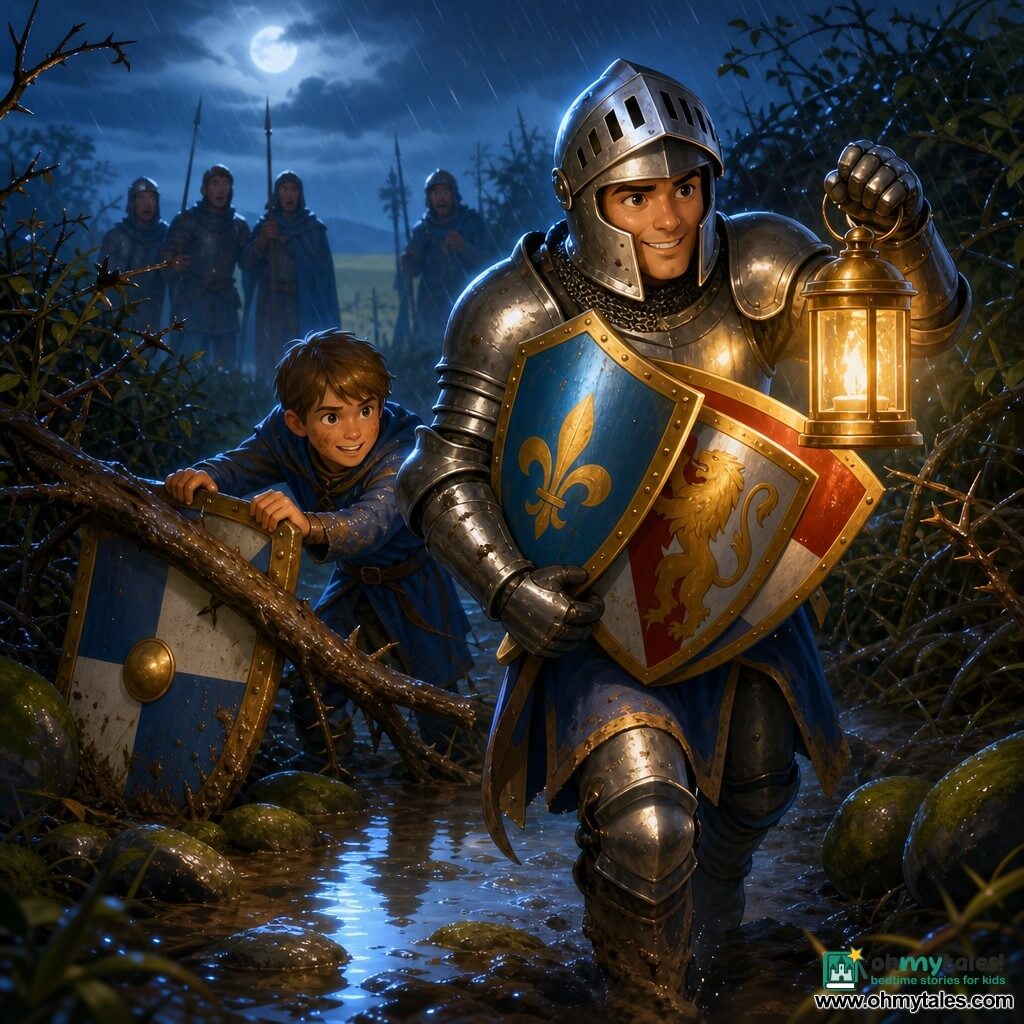 A male knight, the main character, helmet partly covering his face, calm determined posture with a slight smiling mouth, brushed steel armor stained with mud, holding a small gilded metal lantern in his right hand and clutching several polished shields to his chest; a young squire of about 12, short brown hair, muddy enthusiastic face, helping push a large stuck shield while standing just behind the knight to the left, wearing wet blue cloth garments; a few older knights in the background, blurred silhouettes with soaked cloaks and vertical lances watching the pair near the field entrance; location: a narrow path bordered by thick thorny hedges, slippery moss-covered stones, a puddle reflecting moonlight, fine rain slanting diagonally and broken branches blocking the way; main scene: a nighttime downpour where the knight courageously guides the squire to push a shield stuck under a large fallen branch, the lantern casting a warm halo on shiny metal surfaces and raindrops, strong contrast between the gleam of polished shields and the dark wet atmosphere.