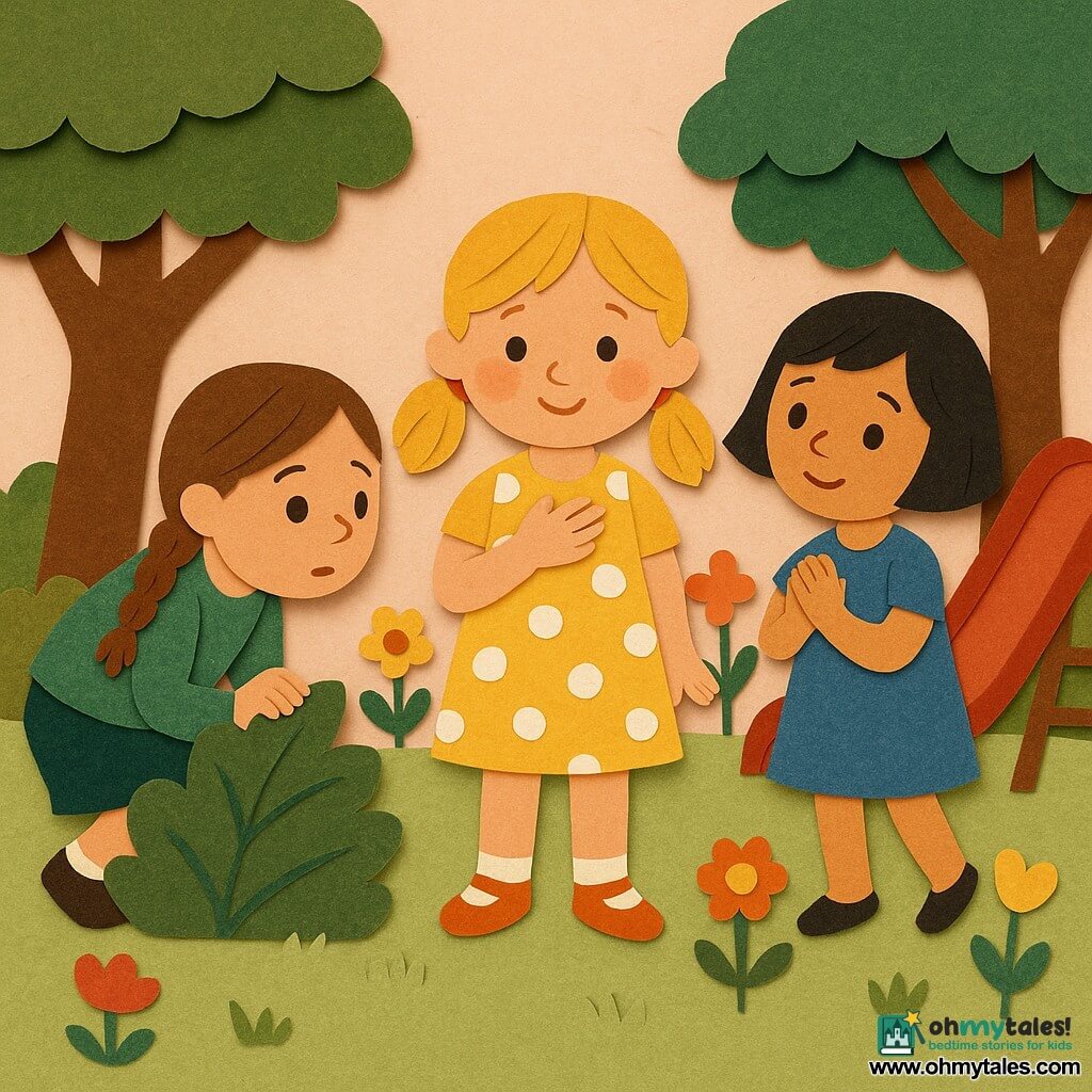Three 7-year-old girls in a small afternoon park: center girl with blonde pigtails in a yellow polka-dot dress, hand on her chest, shyly admitting she made up the imaginary unicorn; left girl with brown braids in a green sweater crouched by a bush, curious; right girl with short black hair in a blue dress standing on tiptoe by a shiny red slide, hands clasped, reassuring; textured paper-collage style with green torn-paper grass, layered leafy trees, simple colorful flowers, pale pink sunset sky, warm contrasting colors and clear, readable expressions and gestures.