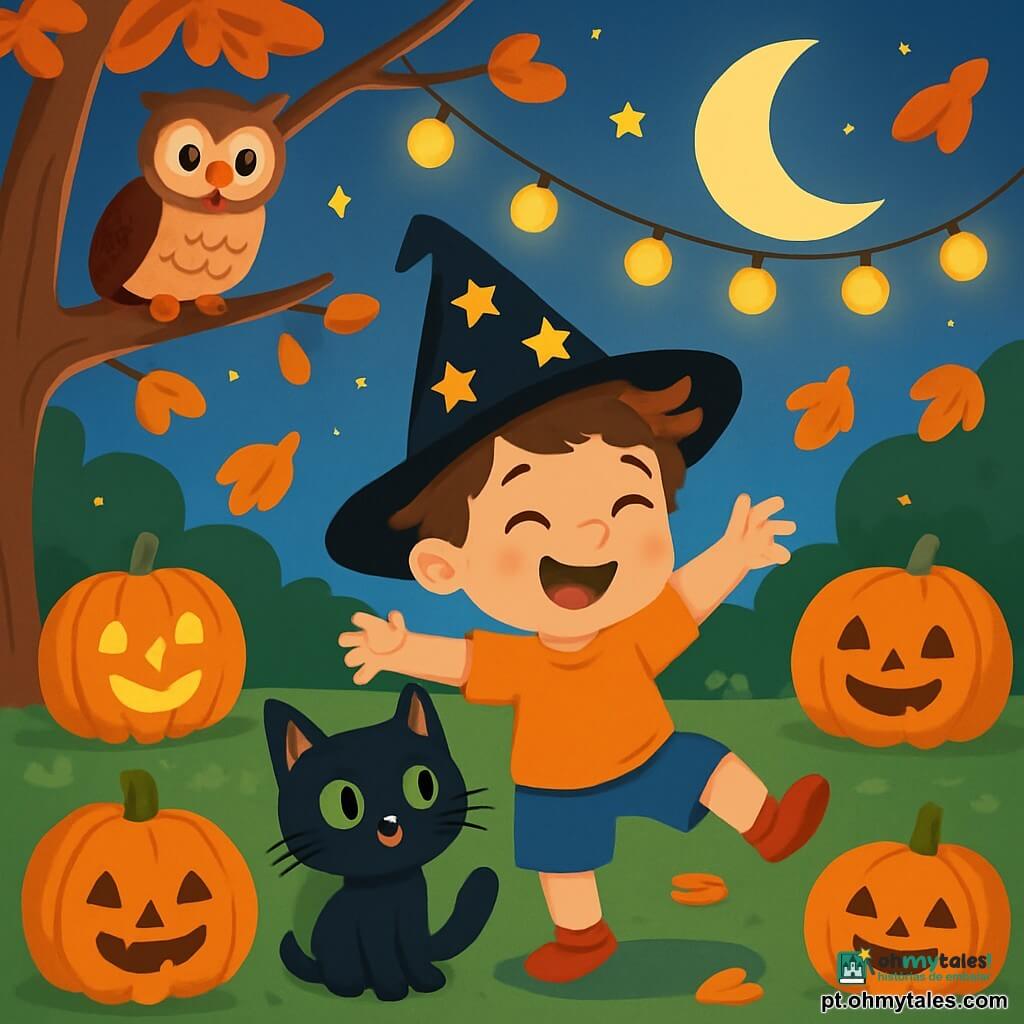 Um menino de 4 anos, Lucas, com cabelos castanhos bagunçados e um grande sorriso alegre, usa um chapéu de bruxo preto decorado com estrelas douradas. Ele dança entusiasticamente no meio de seu jardim decorado com várias abóboras sorridentes e luzes. Ao seu lado, um adorável gato preto chamado Biscoito, com grandes olhos verdes brilhantes, se esfrega em suas pernas, parecendo tão animado quanto Lucas. Mais longe, em um galho de árvore, está Dona Coruja, uma coruja sábia com penas marrons e brancas, que observa a cena com um olhar benevolente. O jardim é iluminado pela suave luz da lua, com folhas de outono coloridas caindo suavemente ao redor deles. A cena principal mostra Lucas e seus amigos celebrando o Halloween, rindo e dançando sob as estrelas, cercados por uma atmosfera festiva e mágica.
