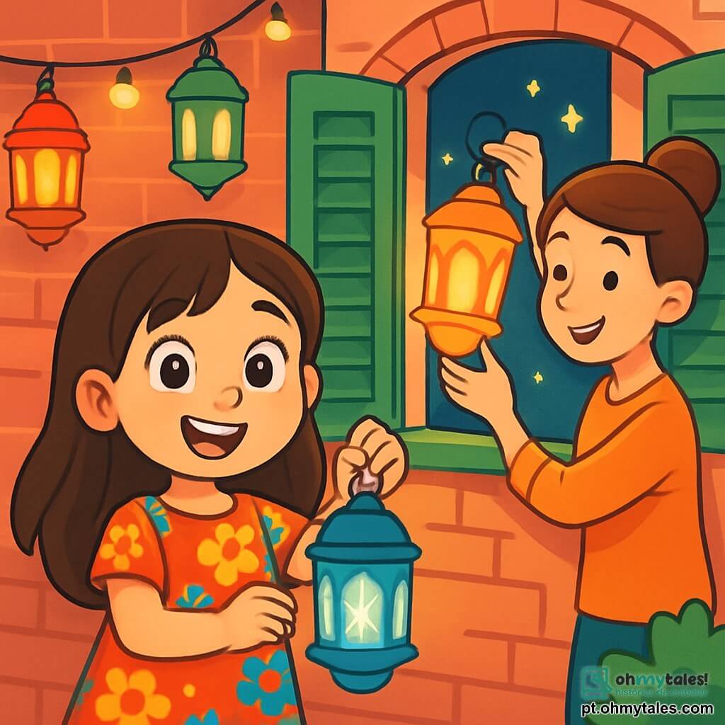 Uma menina de 8 anos, com longos cabelos castanhos e olhos brilhantes de curiosidade, está no centro da imagem, sorridente e cheia de entusiasmo. Ela usa um vestido colorido com padrões florais e segura uma lanterna azul brilhante que cintila como uma estrela. Ao seu lado, uma mulher de cerca de trinta anos, sua mãe, com cabelos castanhos presos em um coque e um sorriso caloroso, a ajuda a pendurar uma lanterna no peitoril da janela. Ao fundo, uma casa acolhedora com paredes de tijolos vermelhos, janelas com persianas verdes e lanternas coloridas penduradas que iluminam a cena com uma luz suave e calorosa. A cena principal mostra a menina e sua mãe decorando a casa para o Ramadã, cercadas por uma atmosfera festiva e alegre, com estrelas cintilantes visíveis através da janela, criando um ambiente mágico e cheio de vida.