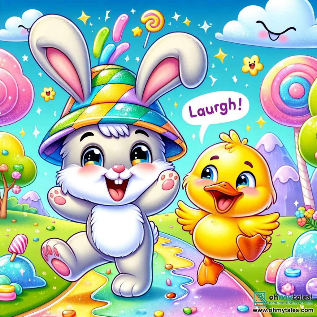 An illustration depicts a small rabbit with large ears and soft fur, expressing bright joy. It wears a shiny, funny hat that seems to wiggle and jumps on a jelly path, laughing heartily. Next to it, a duck with yellow feathers and an orange beak, sporting a mischievous smile, flaps its wings in laughter, floating slightly above the ground due to excitement. The main setting is a fantastical world called Giggle Land, where trees are made of colorful candies and clouds resemble fluffy marshmallows, all under a bright blue sky dotted with sparkling stars. The main scene shows the rabbit and the duck having fun together, as the rabbit uses its magic hat to make a river of cotton candy laugh joyfully, creating splashes of pastel colors around them. Other graphic elements include shimmering cotton candy rivers under the sun, giant candies in the background, and bursts of laughter represented by colorful speech bubbles floating around the characters.