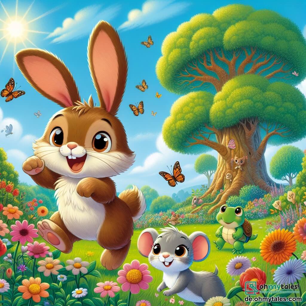 Hoppel, ein kleiner Hase mit großen Ohren und einem weichen, braunen Fell, steht im Mittelpunkt des Bildes, seine Augen strahlen vor Aufregung, während er ein kleines Stück Papier in seinen Pfoten hält. Er springt fröhlich, sein breites Lächeln zeigt seine Begeisterung für das bevorstehende Abenteuer. Neben ihm schaut Mimi, eine kleine graue Maus mit funkelnden Augen und einem langen Schwanz, neugierig auf dasselbe Papier, ihre kleinen Pfoten in die Luft gehoben. Tilly, eine grüne Schildkröte mit schüchternem Blick, steht etwas weiter hinten und beobachtet mit einer Mischung aus Besorgnis und Begeisterung, während Felix, ein grüner Frosch mit einem Detektivhut, sich nach vorne lehnt und konzentriert aussieht, als würde er über den nächsten Schritt ihrer Ermittlung nachdenken. Die Szenerie ist ein bunter Garten, gefüllt mit leuchtenden Blumen und großen Bäumen, mit einer majestätischen alten Eiche im Hintergrund, deren Äste sich weit ausbreiten. Die Sonne scheint am hellblauen Himmel, und Schmetterlinge fliegen um die Freunde herum. Die Hauptsituation zeigt Hoppel und seine Freunde, die einen geheimnisvollen Hinweis auf einem Stück Papier entdecken, bereit, sich auf die Suche nach einem versteckten Schatz zu machen, ihre Gesichter erleuchtet von der Aufregung des bevorstehenden Abenteuers.