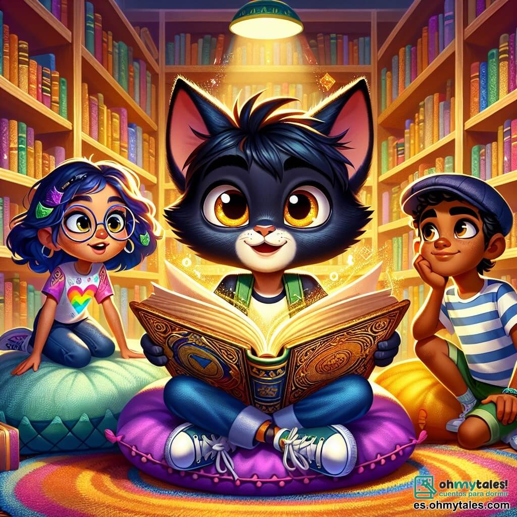 Leo, un niño pequeño con orejas puntiagudas y una larga cola azul, está sentado en un cojín suave en la sala de lectura de una biblioteca. Sus ojos dorados brillan de emoción y curiosidad mientras sostiene un libro antiguo abierto frente a él, rodeado de un resplandor dorado. Sofía, una niña de cabello rizado y gafas redondas, se inclina sobre su hombro con una sonrisa maravillada. Lleva una camiseta colorida y jeans, y sus manos están sobre el libro, lista para descubrir el secreto. Martín, un niño con pantalones cortos a rayas y gorra, está de pie a su lado con los brazos cruzados, mostrando una expresión de determinación y entusiasmo. La sala de lectura está llena de grandes estanterías de madera cargadas de libros de cubiertas coloridas. Alfombras suaves y cojines de diferentes formas están esparcidos por el suelo, creando una atmósfera cálida y acogedora. En esta escena, Leo, Sofía y Martín descubren un libro antiguo que brilla con una luz mágica, revelando un secreto cautivador que los lleva a una nueva aventura.