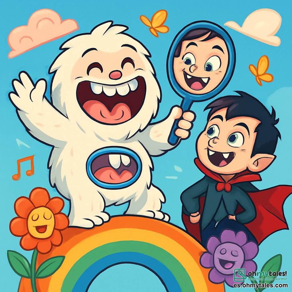 Un yeti alegre y esponjoso, con pelaje blanco y ojos chispeantes de travesura, se encuentra en la cima de un arco iris de caramelo, riendo a carcajadas. Tiene una amplia sonrisa que muestra sus grandes dientes blancos y mejillas rosadas. A su lado, un vampiro de cabello negro y ojos verdes, de unos 10 años, con una capa roja que ondea al viento, mira al yeti con una mezcla de asombro y diversión. Están rodeados de flores coloridas que cantan y mariposas luminosas que bailan a su alrededor. El cielo es de un azul brillante, salpicado de nubes en forma de caramelos. La escena principal muestra al yeti y al vampiro riendo juntos, tratando de atrapar un espejo mágico que deforma sus rostros, creando un ambiente lleno de alegría y camaradería.
