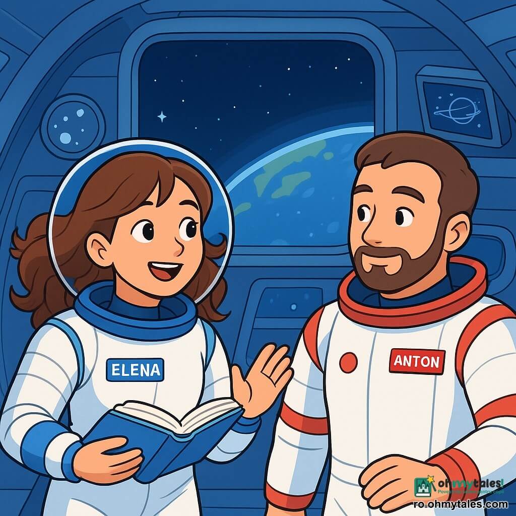 O astronaută pe nume Elena plutește într-un modul spațial, cu un zâmbet plin de curiozitate. Poartă un costum spațial alb cu accente de albastru, iar părul ei castaniu flutură în jur ca algele în apă. Ține o carte deschisă, citind cu entuziasm. Lângă ea, un astronaut pe nume Anton, cu părul scurt și barbă bine întreținută, o ascultă cu admirație, zâmbind. El poartă un costum similar, dar cu detalii roșii, și o privește cu interes. Modulul spațial are pereți metalici și feronerie panoramică care oferă o vedere spectaculoasă asupra Pământului și a stelelor. Instrumente științifice și ecrane plutesc în jur, creând o atmosferă de descoperire. Elena împărtășește cunoștințe despre viața în spațiu, captivându-l pe colegul ei cu povești despre gravitație și gustul alimentelor în microgravitație, în timp ce lumina stelelor le luminează aventura.