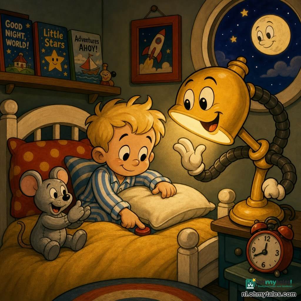 Een klein jongetje (4–5 jaar) met warrig blond haar, blauw-wit gestreepte pyjama, slaperig maar glimlachend, zit op zijn bed en drukt zacht op een klein rond rood knopje onder zijn kussen; een antropomorfe metalen nachtlamp met vriendelijk gezicht, ronde ogen en warmgeel lichaam met buigzame armen verlicht de scène en buigt bemoedigend naar hem toe; een lichtgrijze knuffelmuis met genaaide ogen ligt naast hem op de deken, vrolijk met opgeheven pootje; kleine gezellige slaapkamer met wit geschilderd houten bed, mosterdkleurig dekentje, kleurige kussens, plank met prentenboeken en een rond raam met sterrenhemel en glimlachende maan; tedere, grappige bedtijdscène waarin de jongen het verborgen knopje onder het kussen vindt en indrukt terwijl de kamer baadt in warm, geruststellend licht.
