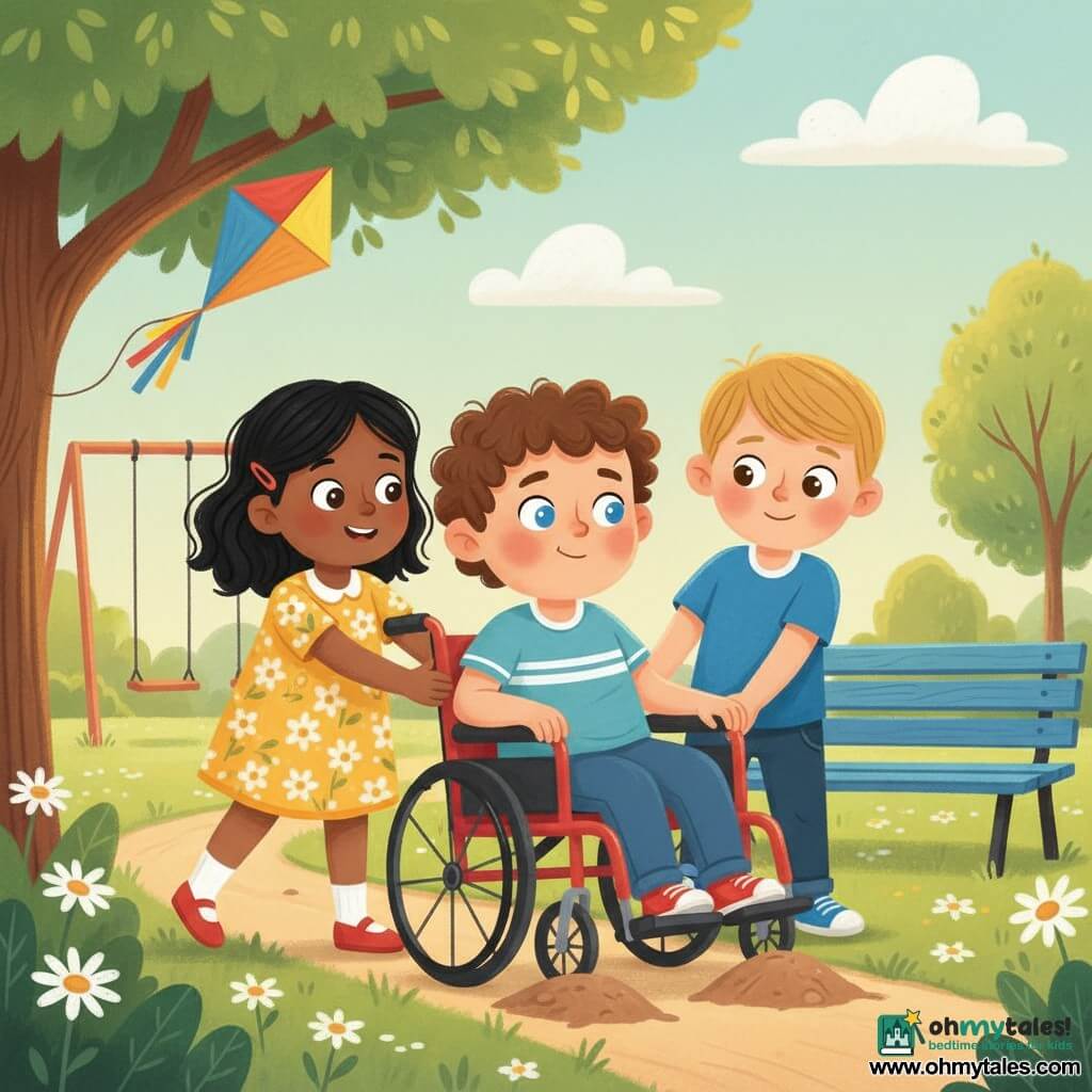 A determined 4-year-old boy, Leo, with a round face, sparkling blue eyes and curly brown hair, sits in a bright red wheelchair trying to climb a small dirt bump; 4-year-old Mia, wavy black hair in a yellow floral dress, stands to his left gently pushing the back, while about 5-year-old Max, short blond hair and a blue T-shirt, holds the front and pushes with focused energy. The sunny park features green grass dotted with daisies, a blue-painted wooden bench, swings in the background, a visible dirt path bump, a colorful kite caught in a nearby branch and soft white clouds in a pastel sky. The composition emphasizes collective effort—hands pushing, wheels surmounting the bump, warm expressions and forward movement—rendered in gouache with thick textures, vivid colors, soft outlines and an optimistic, caring mood.