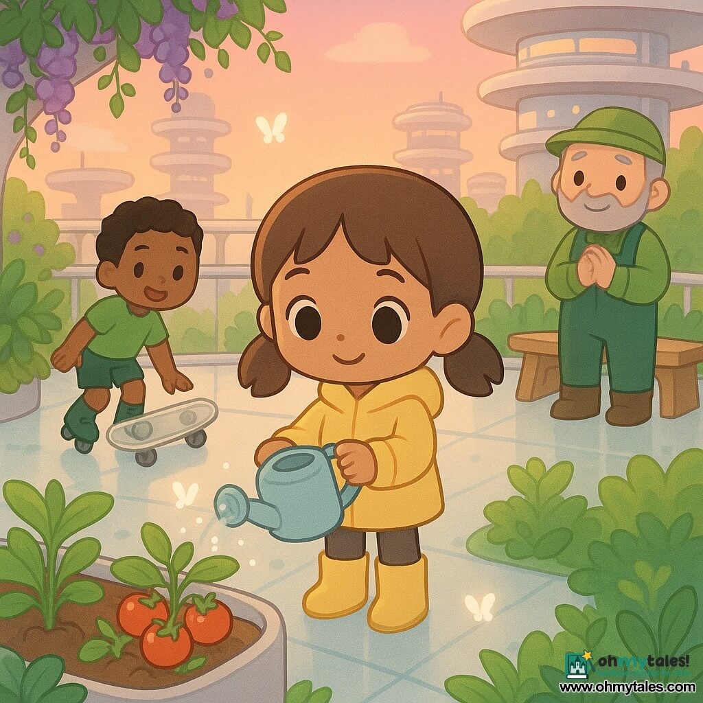 A smiling, gentle 10-year-old girl, Maya, with brown pigtails, bright round eyes, a small yellow jacket and yellow boots, waters tomato plants with a pale blue watering can; a playful 9-year-old boy, Tomas, with short black hair, green T-shirt and solar skates, sets down a transparent skateboard in the left background watching Maya; around them stands Mr. Nori, a ~60-year-old gardener with fair skin, short gray beard and green overalls, hands clasped by a futuristic wooden bench. The scene is on a hanging terrace garden atop a futuristic tower with soft glass floors, rounded white metal planters, lush green plants, purple flowering vines and glowing butterflies, and a stacked-city skyline with curved walkways and transparent pod-trains under a pink-orange twilight. The mood is warm, collaborative and peaceful with golden light and sparkling water droplets; visual style: kawaii-minimal, saturated pastels, rounded shapes, thin outlines, centered composition with a slight bird’s-eye perspective.