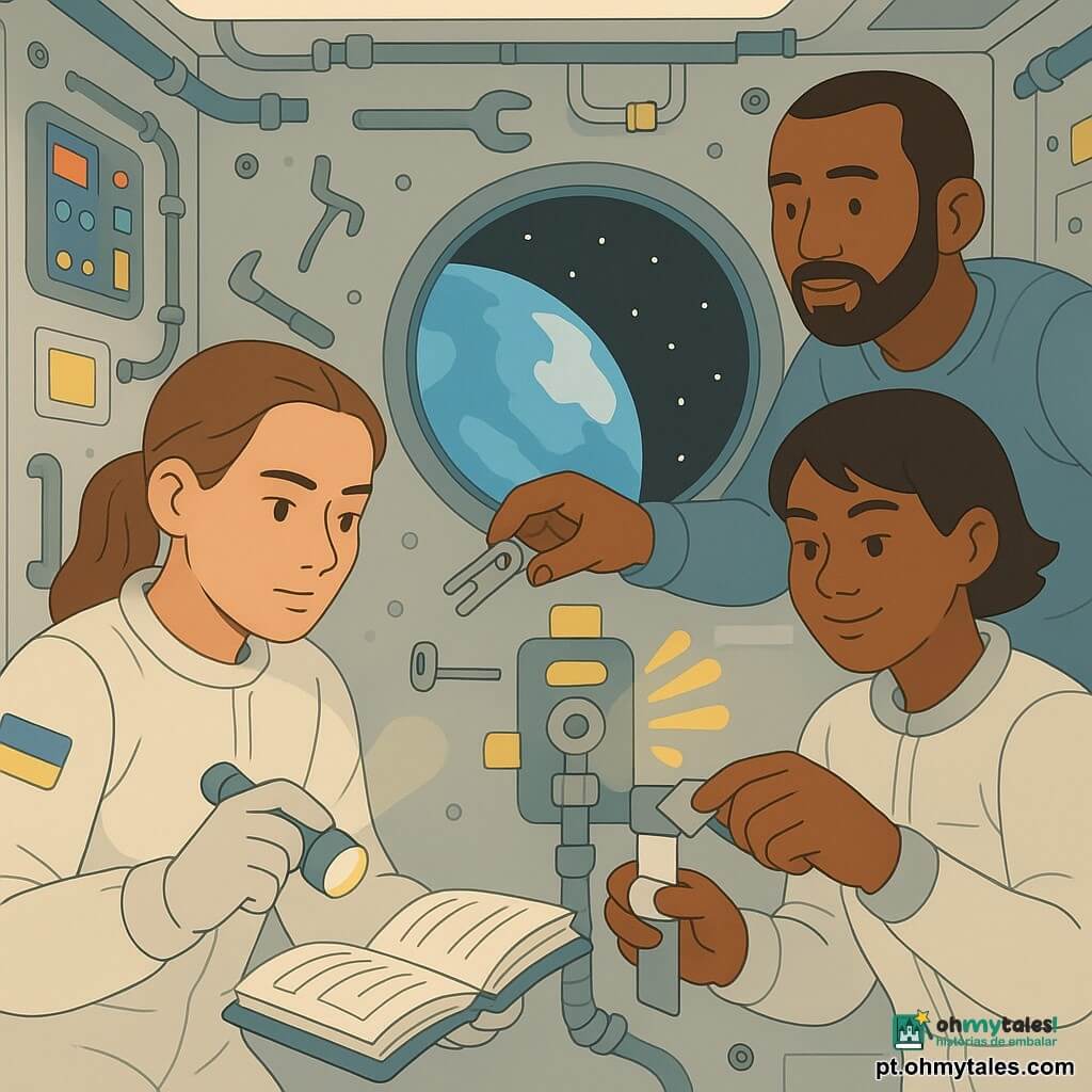 Mulher astronauta adulta de olhar determinado e sereno, cabelo preso, segurando uma lanterna pequena e um manual aberto, flutuando junto a uma válvula; homem adulto (comandante Iuri) de barba curta, expressão calma, flutua um pouco atrás e estende a mão para passar um grampo metálico à astronauta; mulher adulta (engenheira Mei) de cabelo preto curto e sorriso discreto aplica uma fita adesiva técnica na válvula à direita da astronauta; interior de módulo espacial compacto com paredes cinza claro, painéis eletrônicos coloridos, tubos e parafusos à mostra, etiquetas amarelas, velcro, ferramentas flutuantes e uma grande janela circular mostrando a Terra; situação de equipe identificando e vedando uma microfuga de ar perto de uma pequena válvula, detector ultrassônico exibindo barras luminosas, fita de vedação aplicada, sensação de flutuação e atenção metódica; paleta de cores em tons suaves e contrastantes (azul celeste, cinza claro, amarelo, laranja), sombras minimalistas, linhas nítidas e formas geométricas simples; ambiente técnico e reconfortante, composição centrada na cooperação, rostos iluminados pela tela do detector.