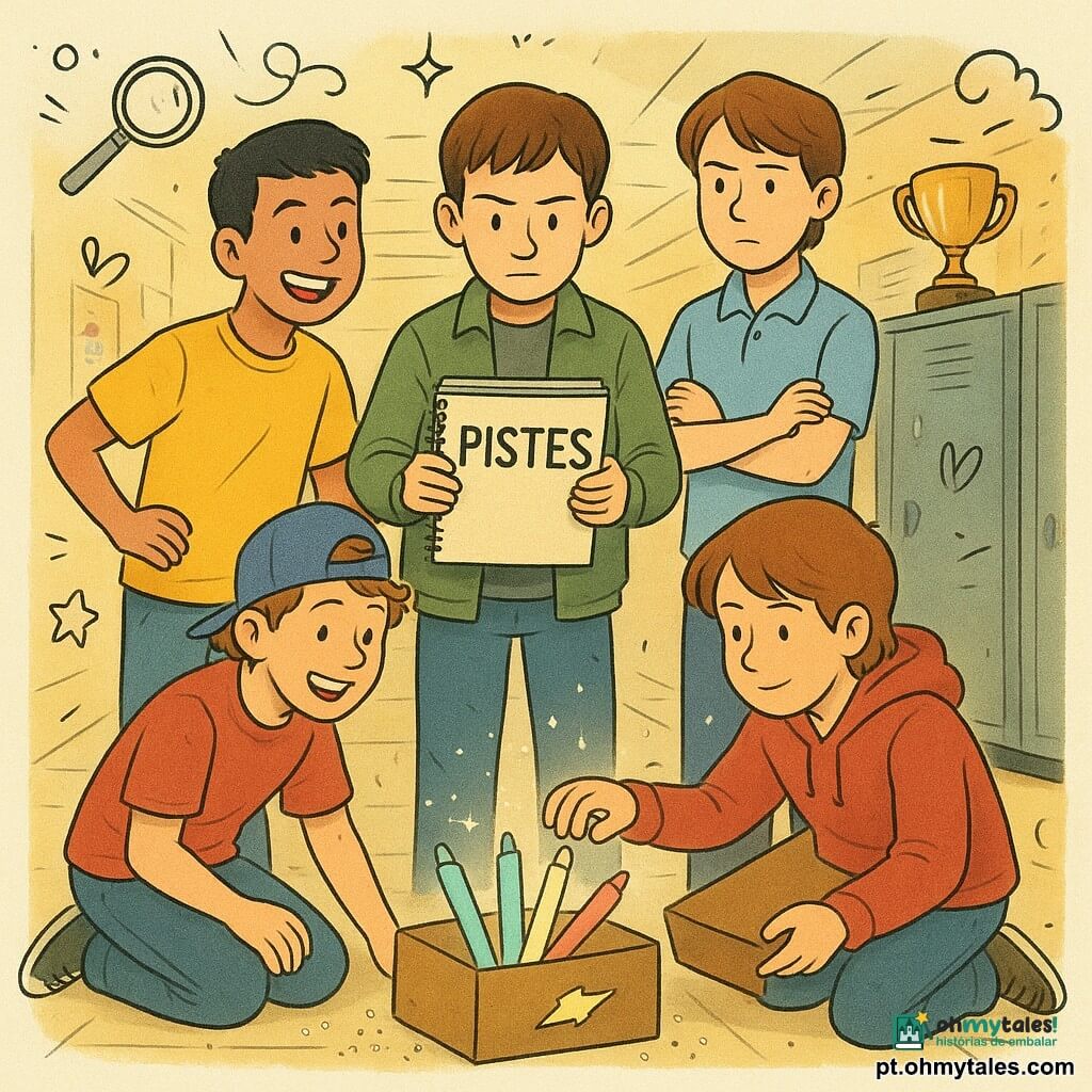 Cinco crianças num corredor do ginásio escolar: Rafa, 12 anos, cabelo castanho curto, veste casaco cáqui e segura um caderno aberto com "PISTES", em pé no centro olhando concentrado para uma caixa; Tomás, 11, ruivo encaracolado, de joelho, jeans e boné virado ao contrário, recolhe glitter perto da caixa; Davi, 12, cabelo preto curto, camiseta amarela, mastiga um chiclete verde e ri com a mão na anca; Miguel, 12, cabelo castanho médio, polo azul claro e braços cruzados, observa sério atrás de Rafa; Tiago, 11, castanho, hoodie vermelho, ajoelhado diante de um velho baú de troféus, abre uma caixa de sapatos de onde saem quatro canetas luminosas e um cartão em forma de raio; cenário com chão de azulejo bege, cartazes nas paredes, troféu empoeirado sobre um armário aberto, luz fluorescente fria e autocolantes de foguete e estrelas nos cacifos; atmosfera de descoberta com glitter prateado no ar, expressões de alívio e constrangimento, estilo colorido, traços suaves e pequenos doodles temáticos de investigação.