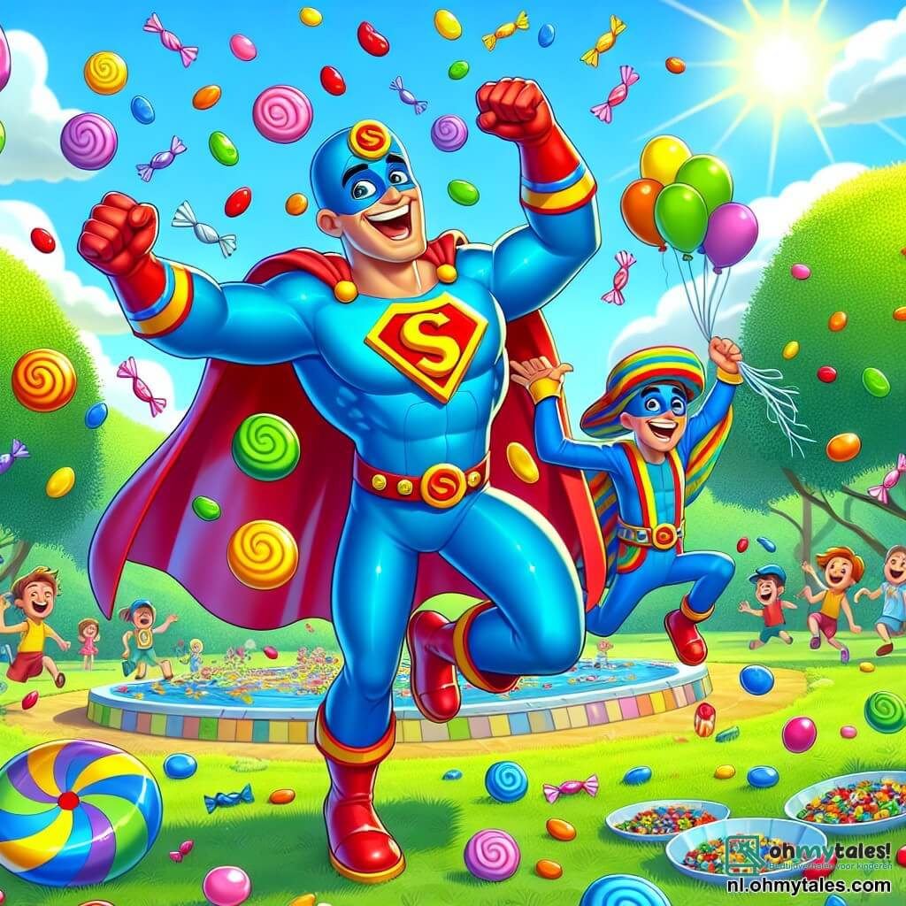 SuperKees, een superheld met een kleurrijk blauw en rood kostuum, heeft een stralende glimlach en ondeugende ogen. Hij staat in het midden van de afbeelding met open armen, omringd door vallende snoepwolken terwijl hij lachend snoepjes gooit. Bobbelman, een man in een kleurrijke outfit die van kleur verandert, springt vrolijk in de lucht naast hem met een blije uitdrukking. Hij draagt een boomerang-vormige pet die zijn speelse uitstraling versterkt. De setting is een zonnig park vol groene bomen, heldere bloemen en het gelach van spelende kinderen op de achtergrond. Kleurrijke ballonnen zweven in de lucht en er ligt een grote picknickdeken op het gras vol lekkernijen. De hoofdscene toont SuperKees en Bobbelman die hun overwinning op de Grappenmakende Groente Bandieten vieren, omringd door lachende kinderen terwijl snoepjes als confetti om hen heen vallen, wat een feestelijke en blije sfeer creëert.