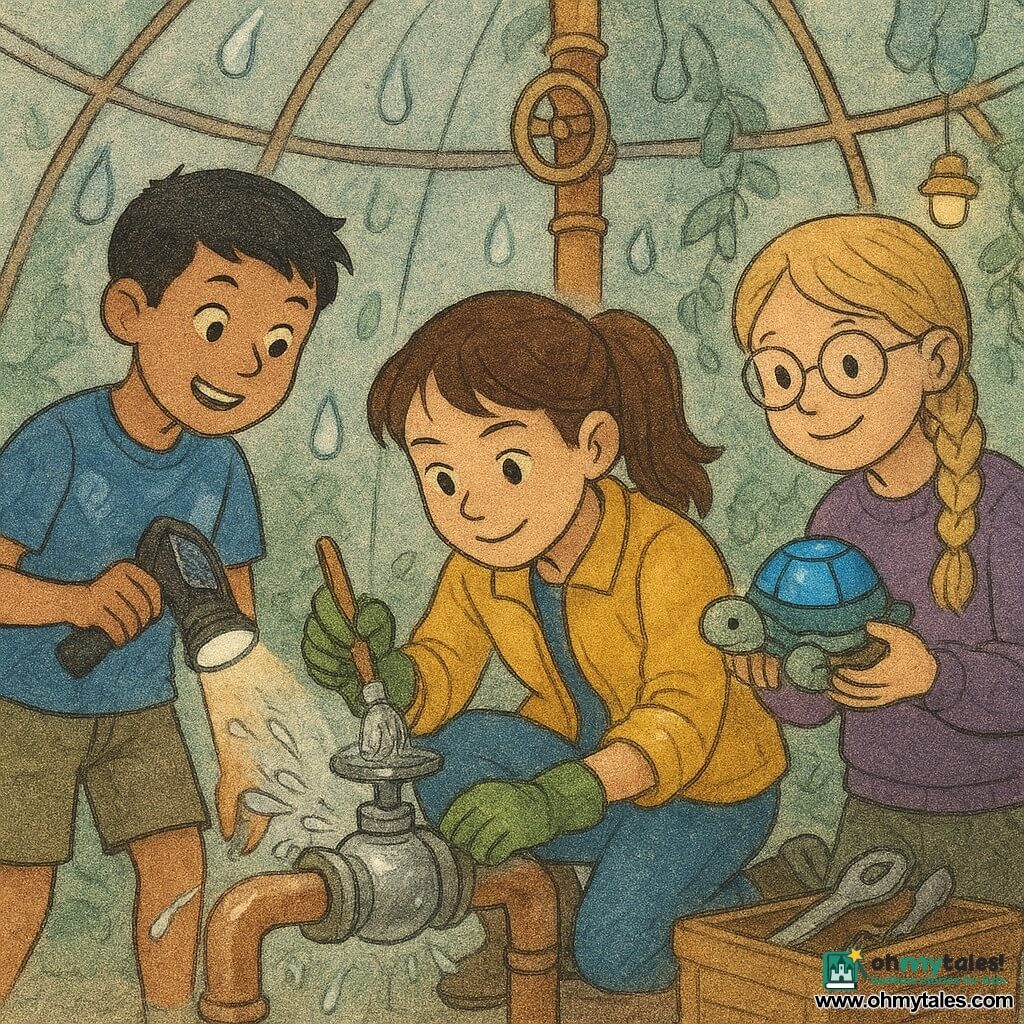 Three children inside the Rainwater Dome — a translucent glass bubble with curved walls, running water droplets, polished copper pipes, riveted metal platforms, climbing plants and hanging solar lamps — are helping a small robot free a shiny metal valve: Maya, about 11, brown hair in a ponytail, yellow jacket and green gardening gloves, crouches center holding a small brush cleaning the valve; Lin, about 10, short black hair, blue leaf-patterned T-shirt and khaki shorts, stands left shining a small solar torch on the valve; Sophie, about 11, blond hair in a braid, purple sweater and round glasses, stands right smiling while holding a small turtle robot with a blue LED shell; silver splashes of water, simple tools on a wooden crate, soft light through the glass, and focused joyful expressions create a clean, bright, gently active scene.