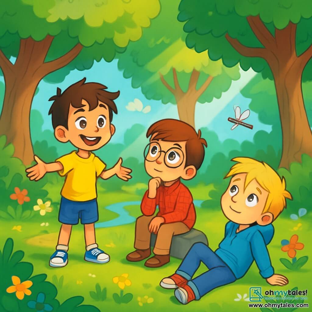 There are three characters: Oliver, an 11-year-old boy with messy brown hair and sparkling star-like eyes, wearing a bright yellow t-shirt and blue shorts. He stands with arms outstretched, smiling widely and full of energy. Leo, also 11, has brown hair and round glasses that give him an intelligent look. He wears a red checkered shirt and beige pants, sitting on a rock, gazing at the sky in thought. Max, the third boy, has blond hair and dreamy eyes, dressed in a blue hoodie and jeans. He lies on the grass, watching a dragonfly fly overhead, a look of wonder on his face. The scene takes place in an enchanted clearing surrounded by tall, gnarled trees with vibrant green leaves. Colorful flowers dot the ground, and a gentle ray of sunlight filters through the branches, creating light patterns on the grass. A nearby stream adds a magical touch to the peaceful atmosphere. The main situation shows the three friends discussing the meaning of happiness, with Oliver enthusiastically asking a question, Leo pondering deeply, and Max marveling at nature. The overall vibe conveys friendship and discovery, as each child explores their thoughts and emotions under the blue sky.