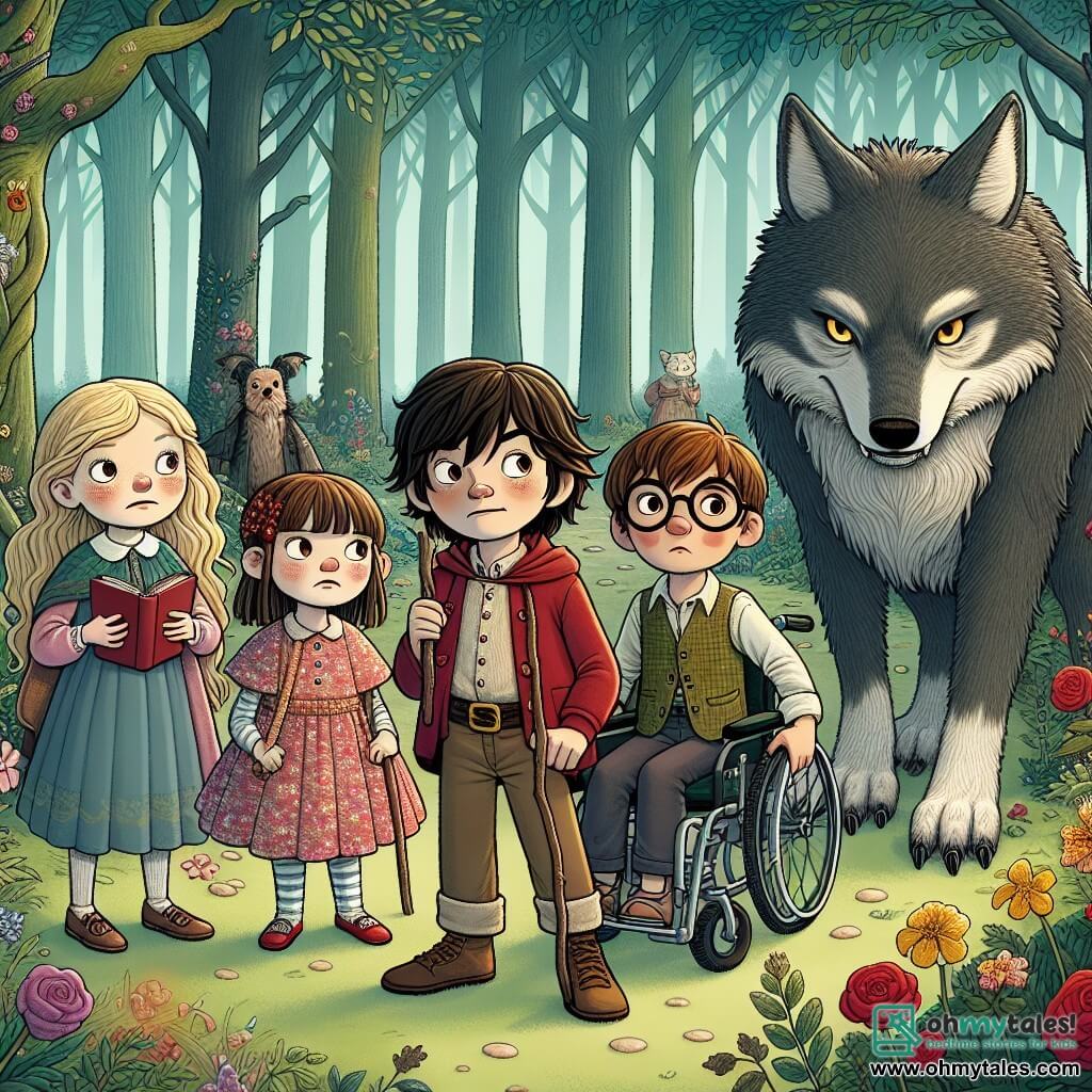 In a magical forest, five children stand together: Lily, an 8-year-old girl with long blonde hair and a pink dress, looks at the Big Bad Wolf with curious eyes and a smile. Max, a 9-year-old boy with messy brown hair, brandishes a stick like a sword, ready to defend his friends. Ella, a 7-year-old girl with brown pigtails and a floral dress, hides behind Max, but her face shows excitement. Sam, an 8-year-old boy with glasses and brown hair, holds a storybook, intrigued by the situation. Oliver, a 10-year-old boy in a wheelchair, smiles confidently, his shiny black hair glinting in the sun, encouraging his friends to be brave. The Big Bad Wolf, large and imposing with gray fur and piercing eyes, stands before them with crossed arms, but his expression is less menacing than usual. The scene takes place in the Whispering Woods, an enchanted forest with tall, majestic trees and shimmering leaves. Colorful flowers cover the ground, and a soft ray of light filters through the branches, creating a magical atmosphere. The children face the wolf, ready to take on his riddles, a mix of excitement and apprehension on their faces, while the wolf, with a sly smile, prepares to ask his first riddle.