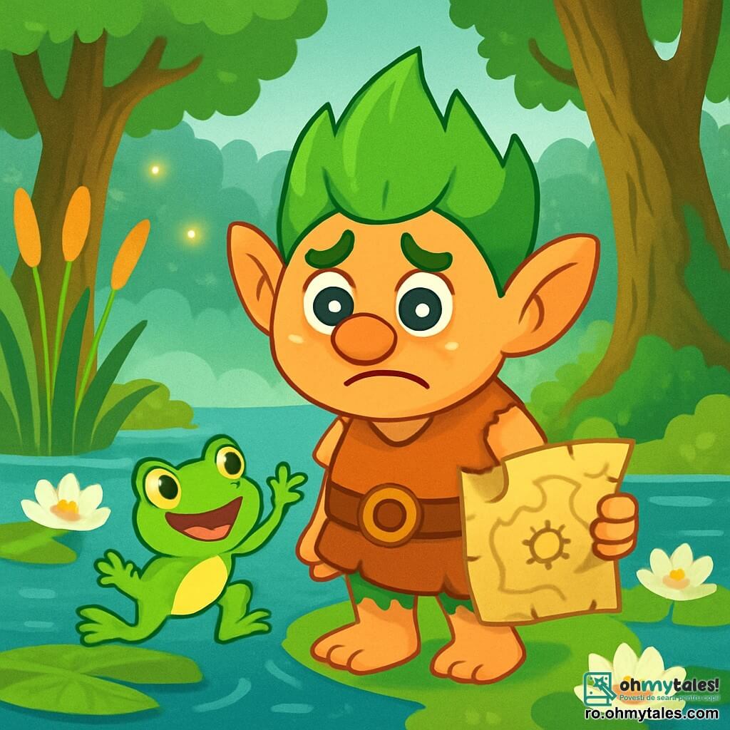 Un troll cu părul verde strălucitor și ochi rotunzi și strălucitori ca stelele stă lângă o băltoacă, având un aer îngrijorat și curios. Zâmbește larg, dar sprâncenele îi sunt încruntate, arătându-și îngrijorarea pentru sănătatea casei sale. Lângă el, o brotacică verde cu pete galbene sare vesel, încercând să-l consoleze. Decorul este o mlaștină magnifică, plină de nuferi albi și roz, stuf aurit și copaci bătrâni cu trunchiuri groase acoperite de mușchi. O ceață fină plutește deasupra apei, iar licuricii strălucesc în lumina dimineții. În această scenă, trollul se pregătește să plece în căutarea Inelului de Lumină, cu o mapă veche în mână, hotărât să salveze mlaștina sa.