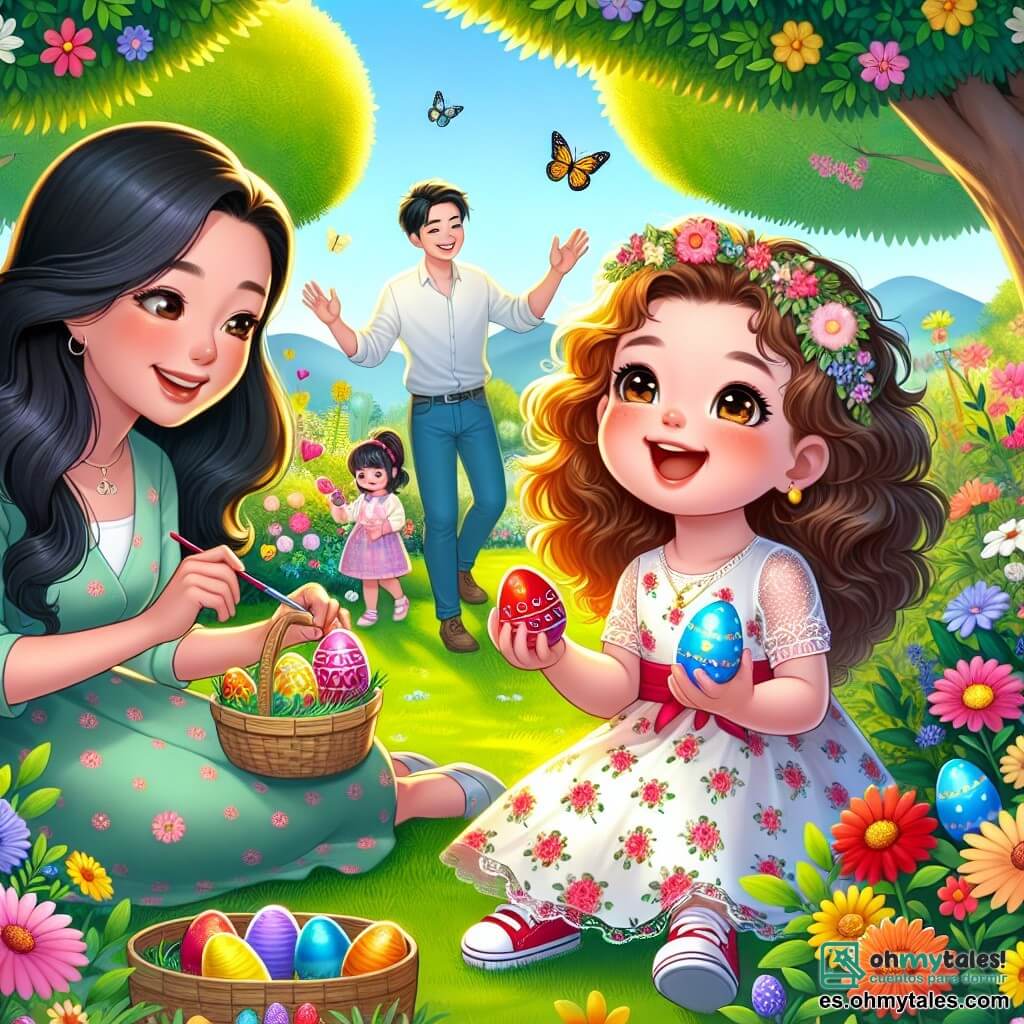 Una niña de 2 años, con grandes ojos brillantes y cabello rizado castaño, está sentada en un jardín soleado, rodeada de flores coloridas. Sonríe con asombro, sosteniendo un huevo de Pascua rojo decorado en sus pequeñas manos. A su lado, su mamá, una mujer de unos treinta años con cabello largo y liso, vestida con un vestido ligero de flores, la anima con una sonrisa cálida mientras pinta un huevo azul. Un poco más lejos, su papá, un hombre de unos treinta años con barba corta y gafas, aplaude alegremente sosteniendo un huevo amarillo que acaba de encontrar. El jardín está lleno de vegetación vibrante, con árboles majestuosos y flores de colores vivos, creando una atmósfera alegre y festiva. La escena principal muestra a la niña y su familia buscando huevos de Pascua escondidos en el jardín, llenos de risas y alegría mientras descubren juntos los tesoros coloridos.