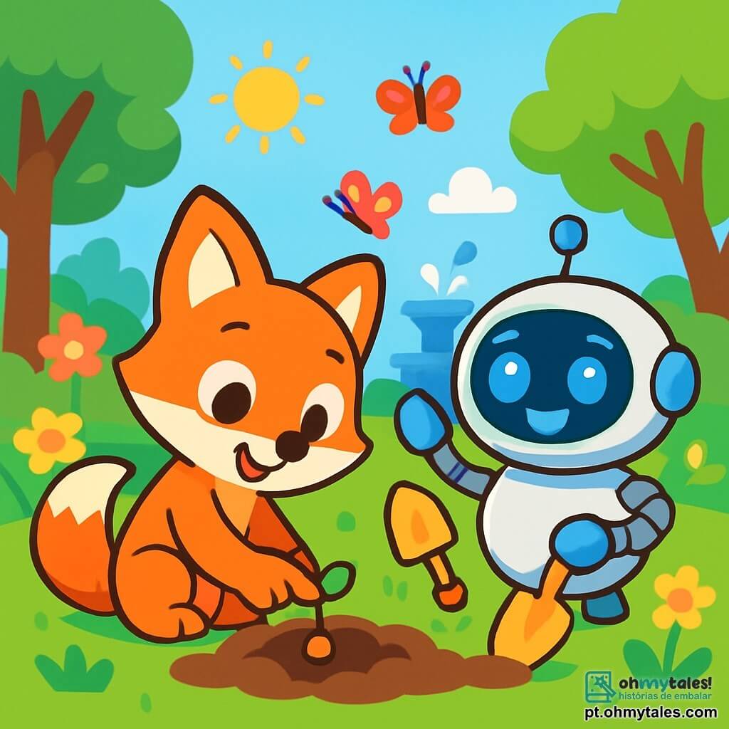Um pequeno raposo curioso, chamado Foxi, com pelagem laranja brilhante e olhos cheios de alegria, está plantando uma pequena semente em um jardim iluminado. Ele sorri entusiasticamente, com as orelhas em pé e a cauda enrolada ao seu redor. Ao lado dele, um robô redondo e brilhante, chamado Pipo, tem olhos azuis cintilantes e um sorriso amigável. Ele segura uma pequena pá e observa Foxi com admiração, com os braços articulados levantados em sinal de encorajamento. O jardim está cheio de flores coloridas, grandes árvores com folhas verdes e uma fonte de água clara que brilha sob o sol. Foxi e Pipo estão aprendendo a plantar sementes para fazer flores crescerem, rodeados por uma atmosfera alegre e amigável, onde a natureza e a tecnologia se harmonizam perfeitamente.