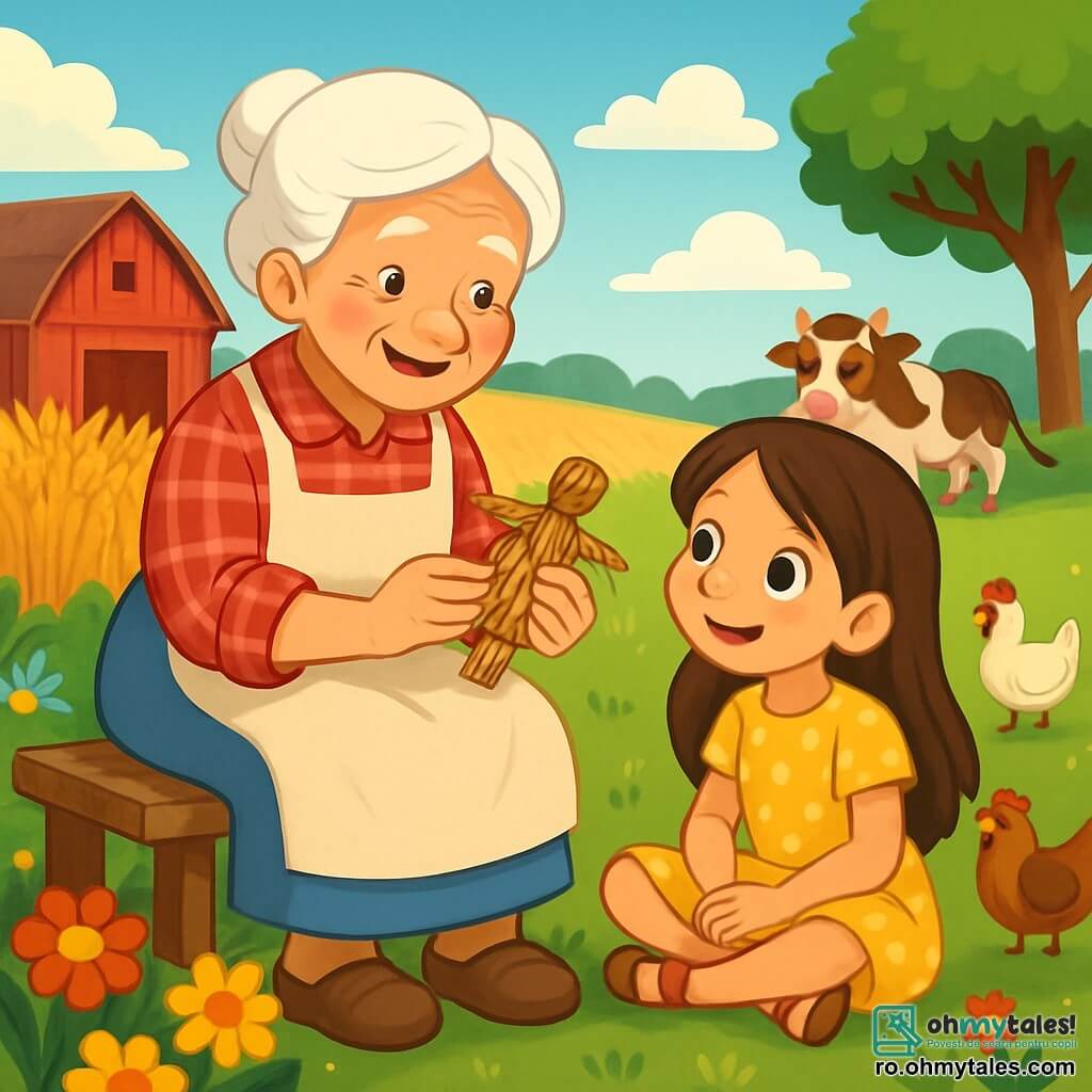 O fermieră în vârstă, cu părul alb ca zăpada și ochi blânzi, zâmbește călduros în timp ce se așază pe o veche bancă din lemn, înconjurată de flori colorate. Poartă o bluză cu carouri roșii și un sort bej, ținând în mâini o mică păpușă din fân, evocând amintiri vesele. Lângă ea, o fetiță de opt ani, cu părul lung castaniu și ochi strălucitori de curiozitate, o ascultă cu atenție. Poartă o rochie galbenă cu buline și sandale, așezată în fund pe iarba verde, cu mâinile pe genunchi. Decorul este o fermă pitorească, cu un câmp mare de grâu auriu care dansează în vânt, un vechi hambar din lemn vopsit în roșu și un cer albastru presărat cu nori albi pufoși. Găini ciugulesc solul în apropiere, în timp ce o vacă pașnică rumegă sub un copac umbrit. Situația principală arată fermiera povestind întâmplări din viața ei la fermă, cu o privire nostalgică și veselă, în timp ce fetița o ascultă cu uimire, nerăbdătoare să afle mai multe despre aventurile vieții la fermă.