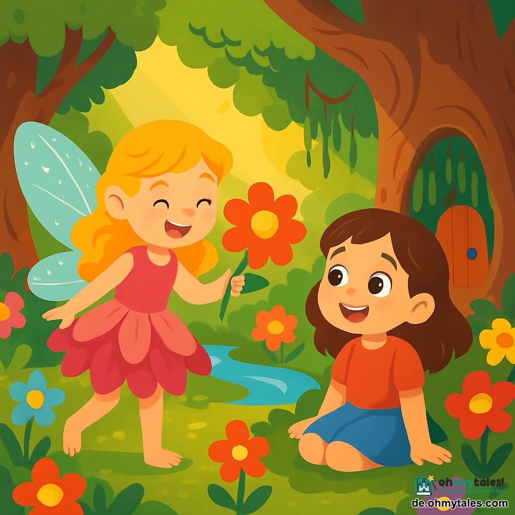 Eine kleine Elfe namens Mira mit glitzernden Flügeln und goldenen Haaren lächelt fröhlich, während sie eine bunte Blume hält. Sie trägt ein Kleid aus Blütenblättern, und ihre Augen strahlen vor Aufregung. An ihrer Seite sitzt das siebenjährige Mädchen Lina mit braunen Haaren und funkelnden Augen, das den magischen Garten bewundernd betrachtet. Sie sitzt auf einem Teppich aus grünem Moos, umgeben von bunten Blumen. Der Ort ist ein bezaubernder Garten, gefüllt mit leuchtenden Blumen, großen Bäumen mit knorrigen Stämmen und einem sanften plätschernden Bach. Im Hintergrund hat ein kleiner Baum farbige Türen, die hinter einem Vorhang aus Lianen verborgen sind. Die Hauptsituation zeigt Mira und Lina, die den geheimen Garten entdecken, begeistert von der Schönheit des Ortes, während ein sanfter Sonnenstrahl ihre Gesichter erhellt und eine magische, fröhliche Atmosphäre schafft.