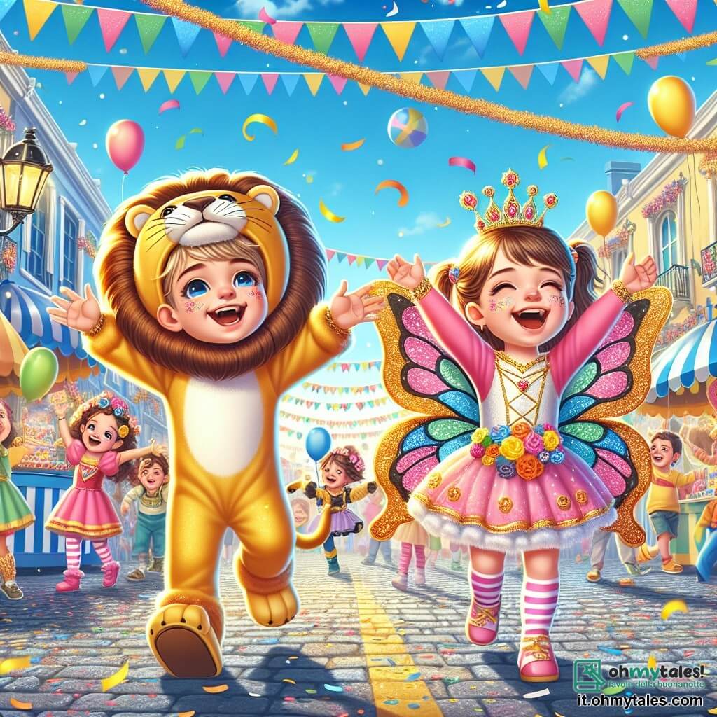 In una scena gioiosa di carnevale, ci sono due personaggi principali: Leo, un ragazzo di 7 anni, indossa un costume da leone con una criniera dorata e un grande sorriso, danzando con entusiasmo al centro dell'immagine. Mia, una ragazza di 6 anni, è travestita da bellissima farfalla, con ali colorate nei toni del rosa e del blu, si trova a destra di Leo, ridendo e sollevando le braccia in alto. L'ambiente è una strada animata, decorata con festoni dai colori vivaci, coriandoli fluttuanti e palloni che volano nel cielo blu. La situazione principale mostra Leo e Mia danzare gioiosamente insieme, circondati da risate e colori vivaci, celebrando l'amicizia e la magia del carnevale.