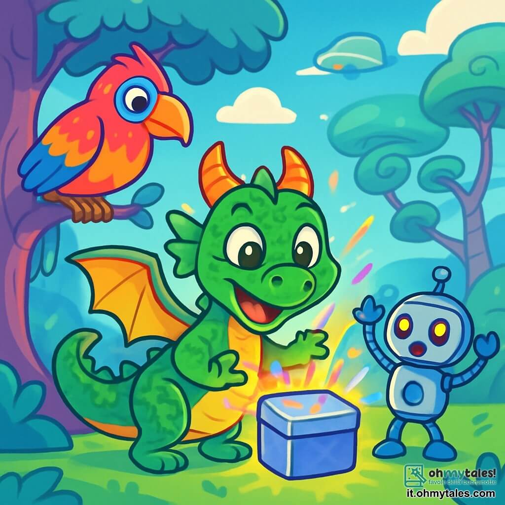 Un piccolo drago di nome Zippy, con squame verdi scintillanti e occhi pieni di curiosità, si trova al centro dell'immagine, con le ali spiegate e un grande sorriso sul volto. Guarda con meraviglia una scatola d'argento brillante, illuminata da mille colori, che fluttua davanti a lui. Alla sua destra, un piccolo robot amichevole, con un corpo in metallo argentato e occhi a forma di bottoni luminosi, sembra altrettanto sorpreso e felice, con le braccia alzate in segno di eccitazione. A sinistra, una creatura volante simile a un uccello gigante, con piume multicolori e un becco dorato, osserva la scena con uno sguardo curioso, posata su un ramo di un albero viola. Lo sfondo è un paesaggio futuristico, con alberi dai tronchi a spirale e foglie luminescenti che si ergono verso un cielo blu brillante, punteggiato di nuvole soffici. Macchine volanti scivolano dolcemente tra i rami, aggiungendo un tocco di magia all'ambiente. Zippy, meravigliato, è sul punto di aprire la scatola misteriosa, mentre il robot e l'uccello gigante lo incoraggiano con espressioni di eccitazione e attesa, creando un'atmosfera di scoperta e avventura.
