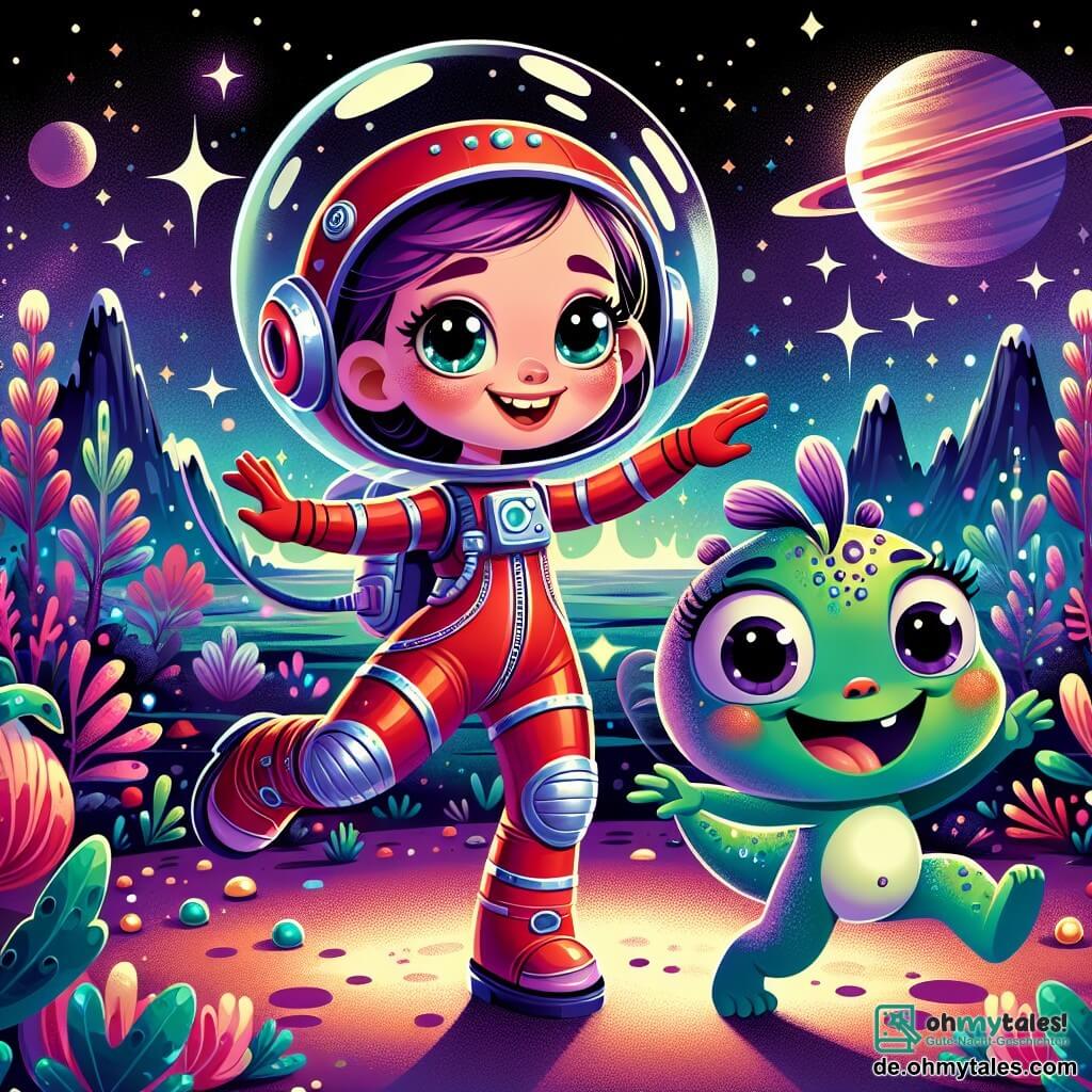 Lila, eine junge Astronautin, steht im Mittelpunkt des Bildes, strahlend vor Freude mit einem breiten Lächeln. Sie trägt einen eleganten, bunten roten Raumanzug mit silbernen Details und einem durchsichtigen Helm, der ihre neugierigen, funkelnden Augen zeigt. Sie tanzt auf der Oberfläche eines neuen Planeten, die Arme zum sternenübersäten Himmel erhoben. Neben ihr springt ein kleiner freundlicher Monster mit großen runden Augen und einem dicken Bauch vor Freude. Es hat grüne Haut mit lila Flecken und ein warmes Lächeln. Dieses Monster, das etwa 5 Jahre alt in menschlichen Jahren zu sein scheint, steht ein paar Schritte von Lila entfernt, bereit, mit ihr zu spielen. Die Kulisse ist eine atemberaubende, fremde Landschaft mit bunten Pflanzen, die im Sternenlicht leuchten. Glitzernde Berge erheben sich am Horizont, und der Himmel ist voller funkelnder Sterne und ferner Planeten, was eine magische und märchenhafte Atmosphäre schafft. Die Hauptsituation zeigt Lila und das Monster, die zusammen spielen, lachen und Spaß haben in dieser neuen Welt, was Freundschaft und Abenteuer im Weltraum illustriert.