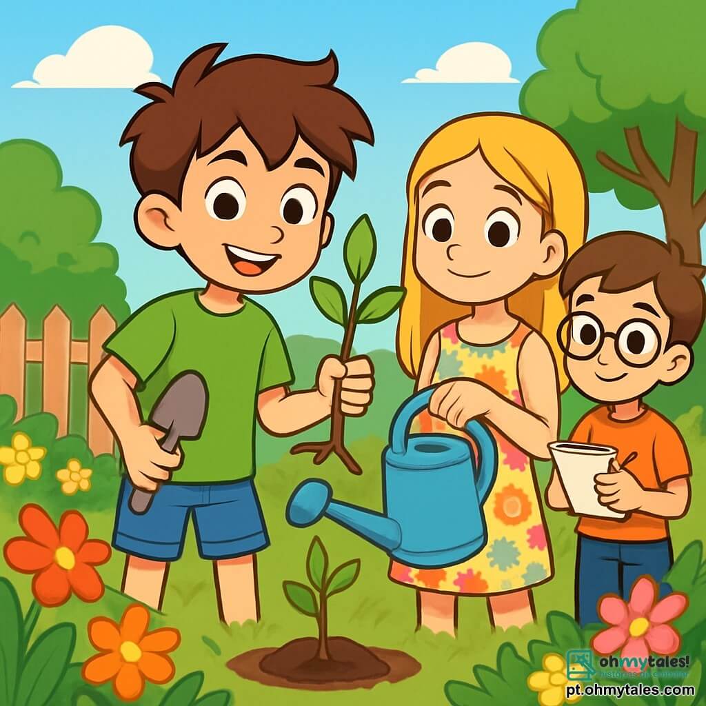 Um garoto de 12 anos, Lucas, com cabelos castanhos bagunçados e olhos brilhantes de curiosidade, está em seu jardim. Ele usa uma camiseta verde vibrante e um short de jeans, com um sorriso determinado no rosto. Ele segura uma pequena pá em uma mão e uma muda de árvore na outra, pronto para plantá-la no solo. Ao lado dele, sua melhor amiga Ana, uma menina de 12 anos com cabelos longos e loiros, observa admirada. Ela veste um vestido florido e segura um regador, pronta para ajudar Lucas a regar a nova árvore. Um pouco mais longe, Pedro, um garoto de 12 anos com óculos redondos e cabelos castanhos, faz anotações em um caderno, animado para documentar o projeto deles. O jardim está cheio de flores vibrantes e vegetação luxuriante, com um céu azul claro salpicado de algumas nuvens brancas. Ao fundo, vê-se uma cerca de madeira e árvores majestosas que cercam o jardim. A cena principal mostra Lucas, Ana e Pedro unidos em sua missão de plantar uma árvore para combater as mudanças climáticas, simbolizando seu compromisso com um futuro melhor.