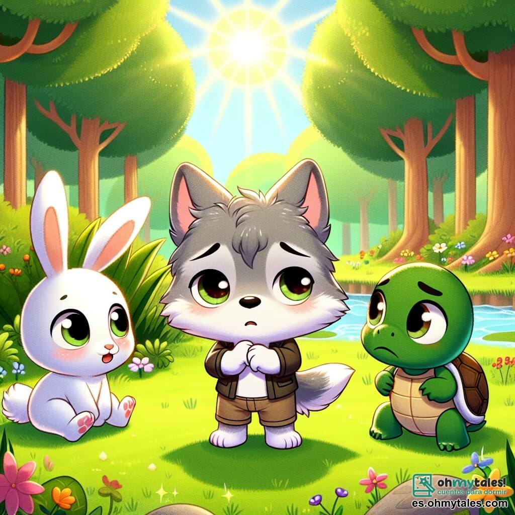 Un pequeño lobo llamado Lucas, con un pelaje gris suave y ojos brillantes de curiosidad, se encuentra en el centro de la imagen, luciendo inquieto y pensativo, con las orejas ligeramente caídas. A su derecha, un pequeño conejo llamado Pepe, con pelaje blanco y grandes orejas, mira a Lucas con una expresión de sorpresa, levantando las patas delanteras como si estuviera a punto de hablar. A la izquierda, una tortuga llamada Tita, con un caparazón verde y ojos redondos, muestra una expresión de tristeza, sentada en la hierba, con las patas recogidas, escuchando atentamente a Lucas. El escenario es un claro soleado, rodeado de majestuosos árboles de hojas verdes brillantes, con flores coloridas que crecen aquí y allá, creando una atmósfera pacífica y acogedora. Al fondo, un arroyo brilla bajo los rayos del sol. La situación principal muestra a Lucas, visiblemente culpable, confesando a sus amigos que ha mentido sobre frutas peligrosas, mientras Pepe y Tita lo escuchan atentamente, ilustrando el momento de toma de conciencia y aprendizaje sobre la importancia de la honestidad.