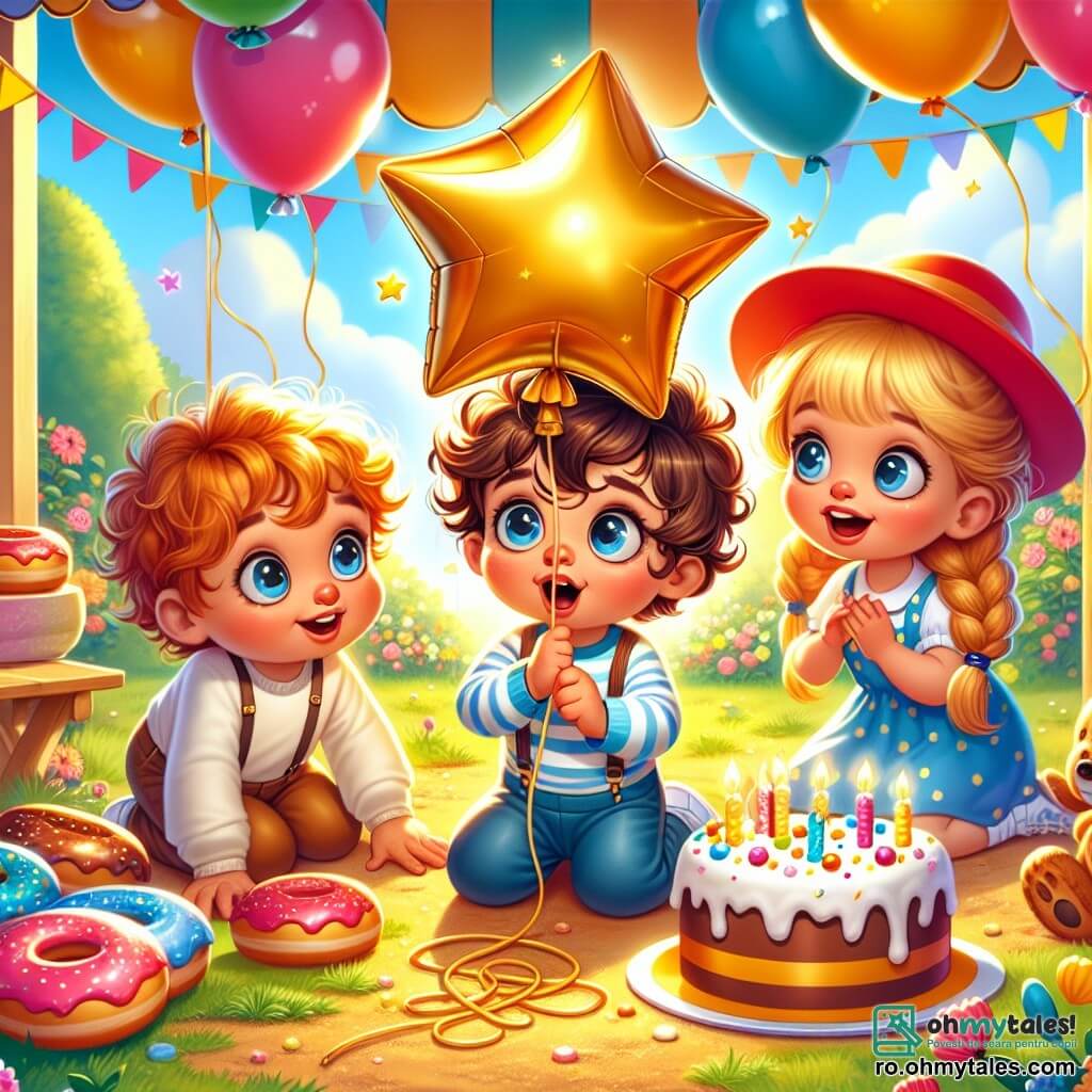 Un băiețel de 4 ani, Dănuț, cu părul brun și buclat, ține un balon auriu în formă de stea. Este în genunchi sub o masă, înconjurat de gogoși colorate și baloane strălucitoare, privind cu uimire balonul. Maria, o fetiță de 4 ani cu părul blond împletit, stă lângă el, arătând spre balon. Matei, un băiețel de 4 ani cu o căciulă roșie, se uită interesat. Petrecerea are loc într-o grădină plină de flori, cu un cer senin și soare strălucitor. Dănuț a descoperit un balon misterios și toți copiii sunt curioși să afle de unde a venit.
