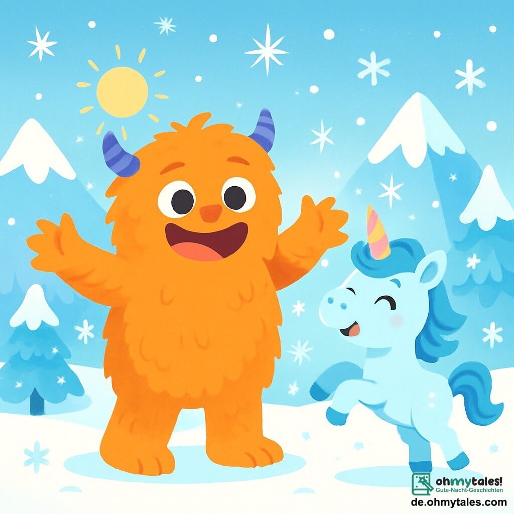 Ein großer, pelziger Monster namens Momo, mit runden, glänzenden Augen, steht fröhlich im Schnee, ein breites Lächeln auf seinem sanften, freundlichen Gesicht. Seine langen Arme sind geöffnet, als wollte er die Welt umarmen. Neben ihm springt Lumi, ein kleines, funkelndes Einhorn mit hellblauem Fell und einer schillernden Horn, vor Freude, seine Augen strahlen vor Glück. Die Szene zeigt eine magische Winterlandschaft mit schneebedeckten Bergen, die unter der Sonne funkeln, tanzenden Schneeflocken in der Luft und frostbedeckten Bäumen, die eine märchenhafte Note hinzufügen. Im Hintergrund beginnen Sterne in einem pastellblauen Himmel zu leuchten. Momo und Lumi feiern die Rückkehr von Lumin's magischer Kraft, umgeben von sanft fallenden Schneeflocken, die eine fröhliche und freundliche Atmosphäre schaffen.