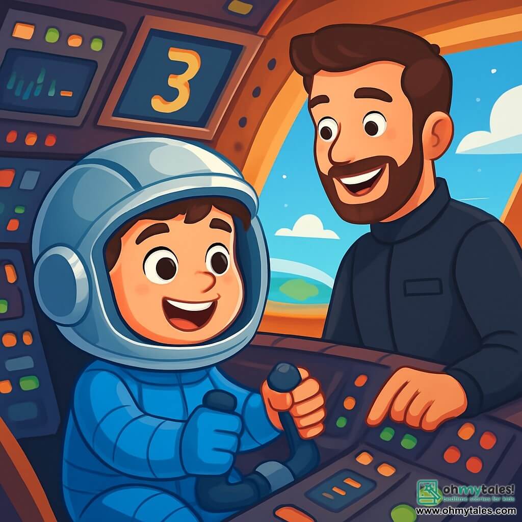 A young boy, Oliver, about 8 years old, is wearing a shiny blue astronaut suit and a silver helmet. His face is lit up with a big excited smile, his eyes sparkling with joy. He is sitting in the cockpit of a rocket, hands on the controls, ready for takeoff. Next to him is a man, his instructor, around 30 years old, with brown hair and a well-groomed beard, proudly smiling while checking the flight instruments. He is also wearing an astronaut suit, but in black, standing slightly back, encouraging Oliver. The inside of the rocket is filled with blinking lights and digital screens, creating a futuristic atmosphere. Through the windows, a deep blue sky dotted with white clouds can be seen, while Earth appears in the distance like a beautiful colored ball. The main scene shows Oliver and his instructor preparing for launch into space, with a countdown displayed on a screen. The excitement is palpable as the rocket's engines begin to vibrate, ready to propel them towards the stars.