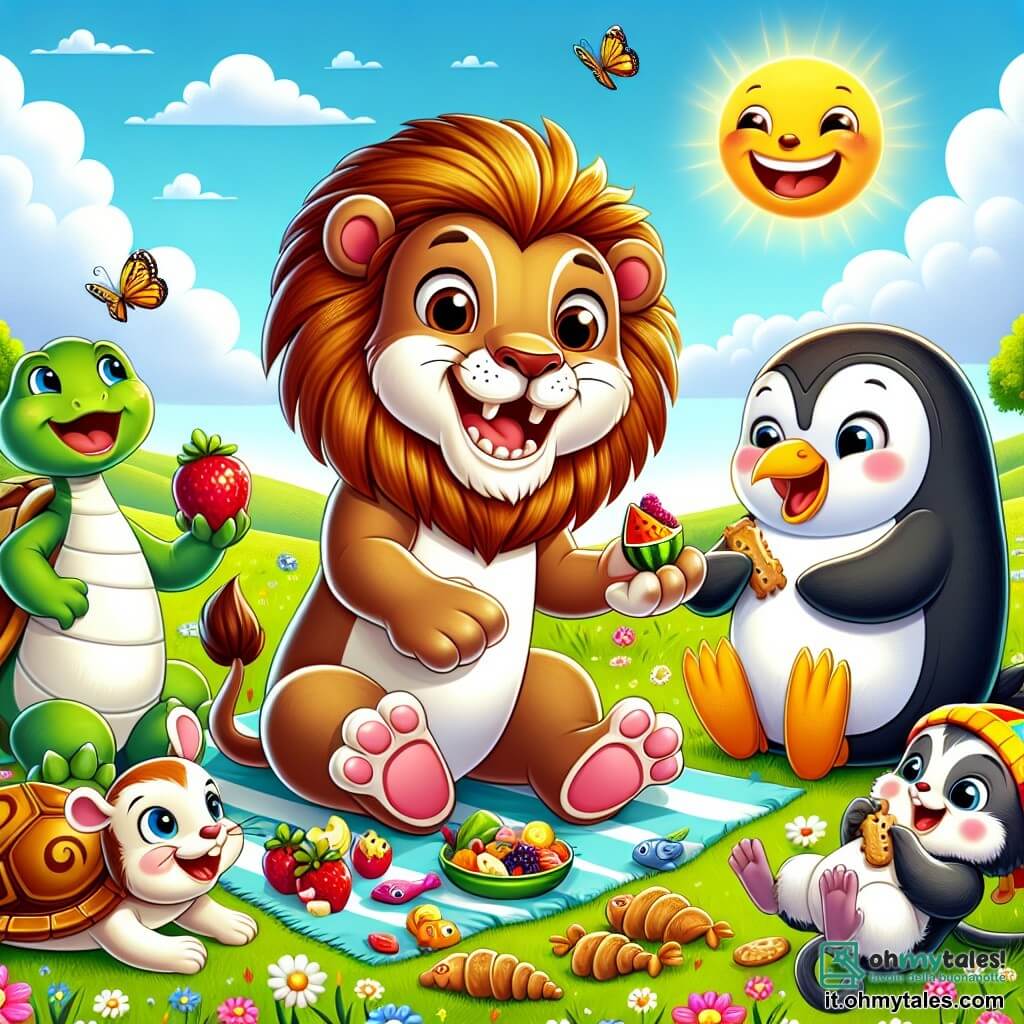Leo il leone, con una criniera dorata e un grande sorriso, è seduto sull'erba verde, circondato dai suoi amici, mentre gustano un picnic gioioso. Tina la tartaruga, con il suo guscio colorato e gli occhi scintillanti, condivide entusiasta della frutta fresca, proprio accanto a Leo. Pipo il pinguino, con il suo piumaggio bianco e nero e un'aria birichina, balla felicemente, pronto a tuffarsi in un piccolo mucchio di pesci, con un sorriso sul volto. Gigi il ghiro, con il suo pelo marrone e le grandi orecchie, è sdraiato sull'erba, ridendo a crepapelle dopo aver fatto cadere dei biscotti. Il luogo è un campo soleggiato, punteggiato di fiori colorati e alberi verdi, con un cielo blu chiaro e alcune nuvole soffici. La situazione principale mostra gli amici che si divertono insieme, condividendo risate e cibi deliziosi, creando un'atmosfera di gioia e amicizia.