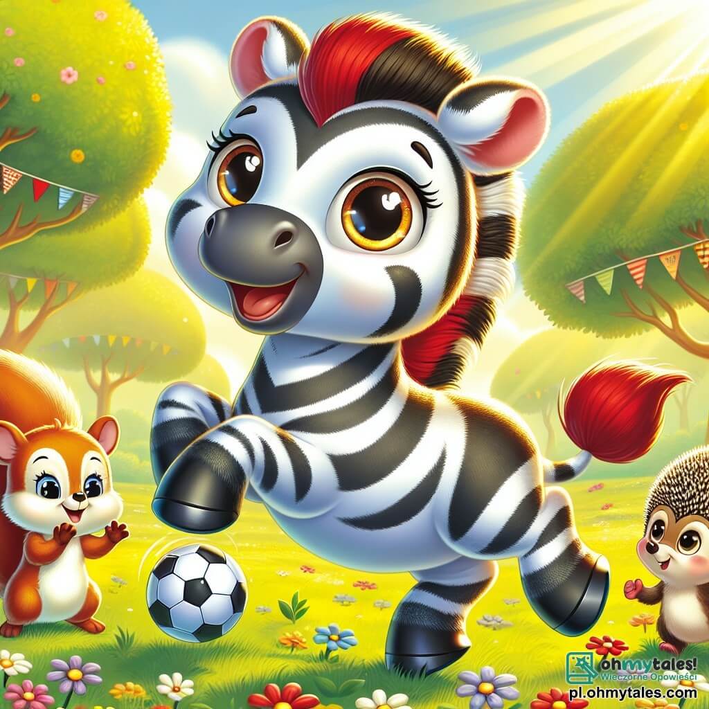 Na środku obrazu skacze radosny mały zebra z błyszczącymi czarno-białymi paskami, z dużymi oczami pełnymi szczęścia. Ma na sobie mały czerwony szalik i szeroko się uśmiecha, podnosząc jedną łapę, jakby zachęcał przyjaciół do zabawy. Po lewej stronie mała wiewiórka o rudym futrze z puszystym ogonem entuzjastycznie klaska, jej oczy błyszczą z ekscytacji. Ma na sobie mały kapelusz słomkowy i wydaje się gotowa do zabawy, stojąc na tylnych łapach. Po prawej stronie młody jeż z dobrze ułożonymi kolcami, z determinacją na twarzy, trzyma piłkę nożną pod jedną łapą. Jego oczy są pełne determinacji, a on patrzy na zebrę z podziwem, gotowy do dołączenia do gry. Tło to piękna, słoneczna polana otoczona zielonymi drzewami z błyszczącymi liśćmi, z kolorowymi kwiatami tańczącymi na wietrze. Ziemia pokryta jest miękką, zieloną trawą, w której są małe kamyczki. Główna sytuacja pokazuje zebrę i jego przyjaciół, którzy przygotowują się do wspólnej zabawy, każdy gotowy na swoją kolej, symbolizując równość i inkluzję w grze, z promiennymi uśmiechami i radosną atmosferą koleżeństwa.