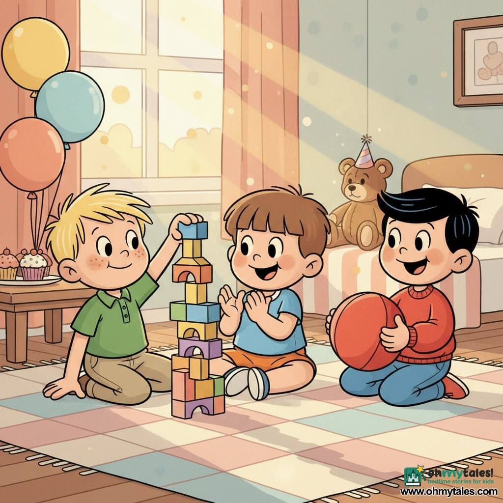 Three boys around six years old build a tall, slightly wobbly tower of colorful blocks on a soft pastel diamond rug in a bright, cozy living room: a brown-haired boy with a bowl cut, round cheeks, sky-blue t-shirt and orange shorts sits center applauding the tower; a blond boy with crew cut and freckles in a green polo and beige pants stands left adding a block with a focused face; a black-haired boy with a wide smile in a red sweatshirt stands right holding a large red ball he just rolled toward a teddy bear wearing a small party hat on the bed behind them. Sunlight streams through a window onto a striped throw and lined plush toys; blurred cupcakes and balloons suggest a birthday party. Retro cartoon style, smooth lines, saturated warm colors and soft textures.