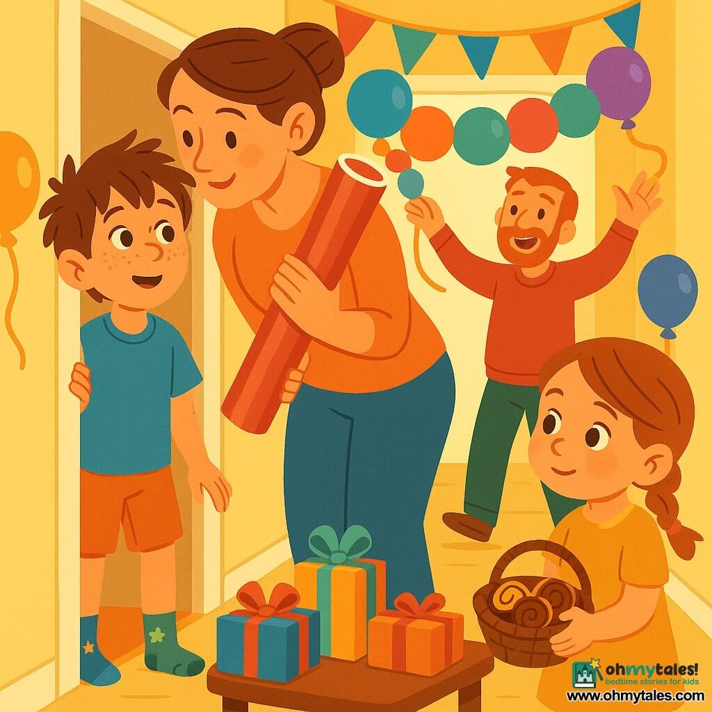 A 10-year-old boy with freckles and messy brown hair in a blue T-shirt and mismatched socks (star, dinosaur) stands half in a doorway looking into a warm, pale-yellow hallway where a smiling mother in a bun leans toward him holding a roll of shiny wrapping paper as if to whisper, a jovial lightly bearded father farther down readies a garland of multicolored balloons, and a mischievous five-year-old cousin with braided hair holds a basket of chocolate-orange cookies by a small table; the scene is a bright, festive birthday surprise with garlands, balloons, colorful wrapped gifts and a slightly open bedroom door with a golden curtain, the boy's face full of wonder, designed with vivid colors and simple shapes for a children's book.