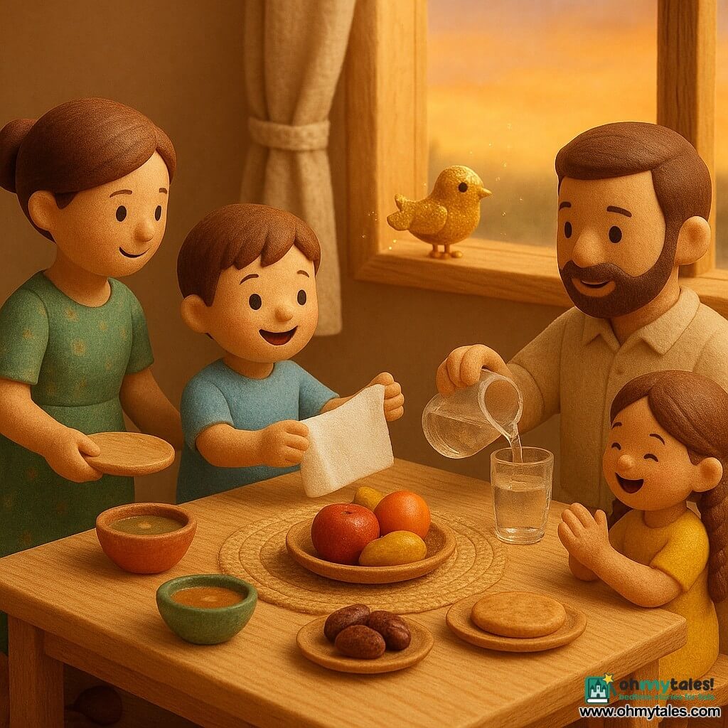 A 4-year-old boy with short brown hair and rosy cheeks smiles in wonder as he hands a paper towel toward a light wooden table; a ~6-year-old girl with braided hair in a yellow dress laughs and claps near a fruit tray; a ~30-year-old mother with her hair in a bun wearing a green patterned dress stands to the left placing a plate and looking kindly at the boy; a ~35-year-old father with light beard in a beige shirt sits to the right pouring water into a glass; a tiny golden bird with sugar-spun shimmering feathers perches on the windowsill casting a few golden sparkles; the warm sunset kitchen features a light wooden table, woven placemat, colorful soup bowls, flatbread, shiny dates, a light curtain and an orange sky outside, showing the family gathered for a Ramadan meal, sharing smiles as the boy helps hand the towel while the magical bird illuminates the scene, in a toy wooden diorama style with warm colors, wood textures, soft late-day lighting and simple playful shapes suited for a 4-year-old.