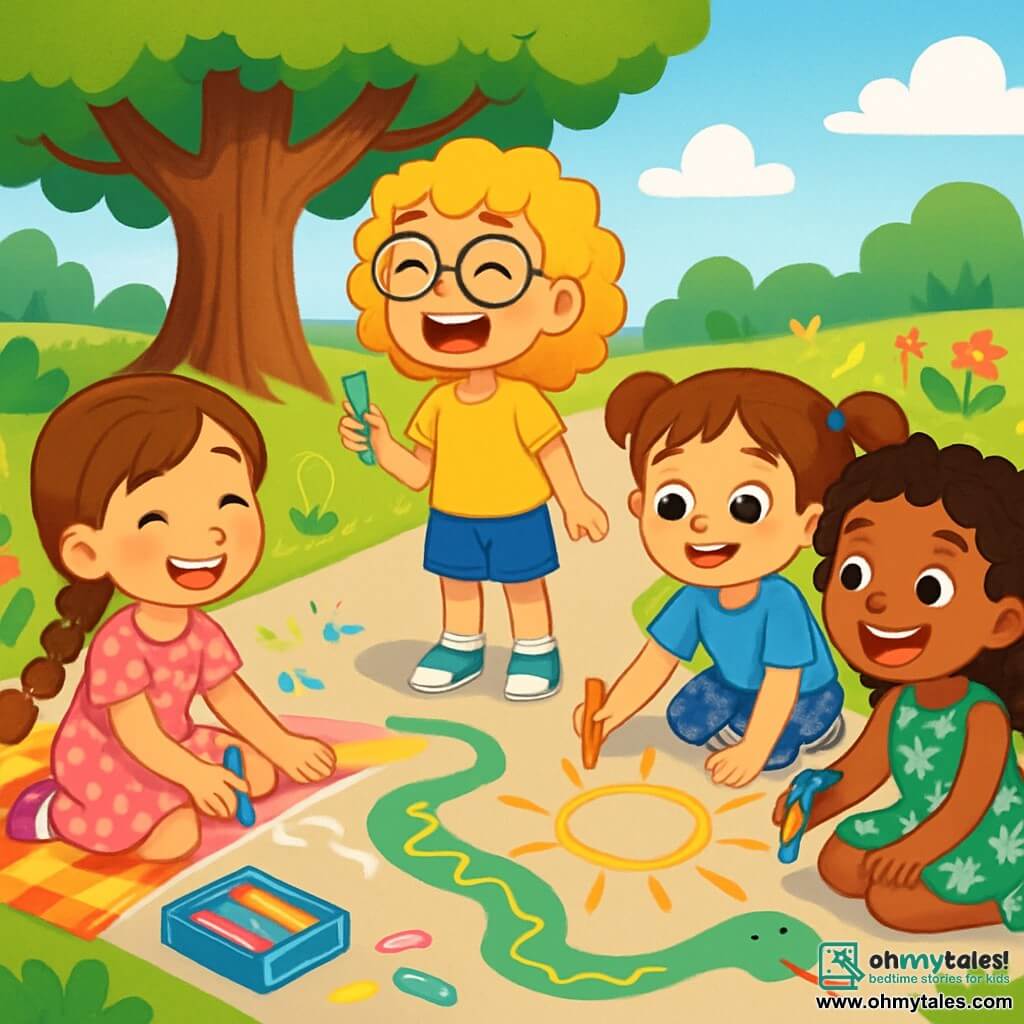 There are four children: Lila, an 8-year-old girl with a long brown braid, sparkling eyes, and a bright smile, wearing a pink polka dot dress and sitting on a checkered blanket, drawing with colored chalks. Zoe, also 8, has curly blonde hair and round glasses, wearing a yellow t-shirt and denim shorts. She is standing, laughing, and holding a green chalk, ready to draw. Mia, an 8-year-old with brown hair in two pigtails, wears a blue blouse and patterned leggings. She is crouching, drawing a large sun with orange chalk. Amara, an 8-year-old with curly black hair, is wearing a green floral dress and sparkly sneakers. She is sitting next to Lila, holding a blue chalk, and looking at the drawing with a big smile. The scene takes place in a sunny park filled with greenery, featuring a majestic oak tree at the center and colorful flowers lining the path. The sky is bright blue with a few fluffy white clouds. The main situation shows the four friends creating a large chalk drawing of a snake on the ground, laughing and sharing colors, with joy and friendship lighting up their faces.