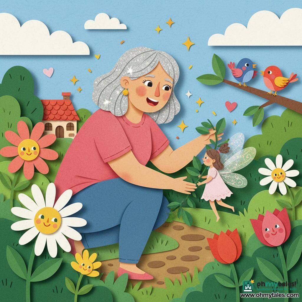 A smiling woman in her 30s with shiny silver hair, a soft round face and laughing eyes crouches kindly to gently free a tiny palm-sized fairy with translucent sparkling wings and a pale pink dress tangled in a green vine; the woman shows warm benevolence—broad smile, relaxed shoulders, gentle gestures—while the relieved fairy looks light and grateful; oversized colorful flowers with cheerful stylized faces, small birds perched on a right-hand branch, and a paper-textured enchanted garden with green paper grass, brown paper paths, a small stone house with a red roof in the background, and a light blue sky with round drawn clouds watch the scene as golden sparkles and tiny hearts float to show magic and joy.