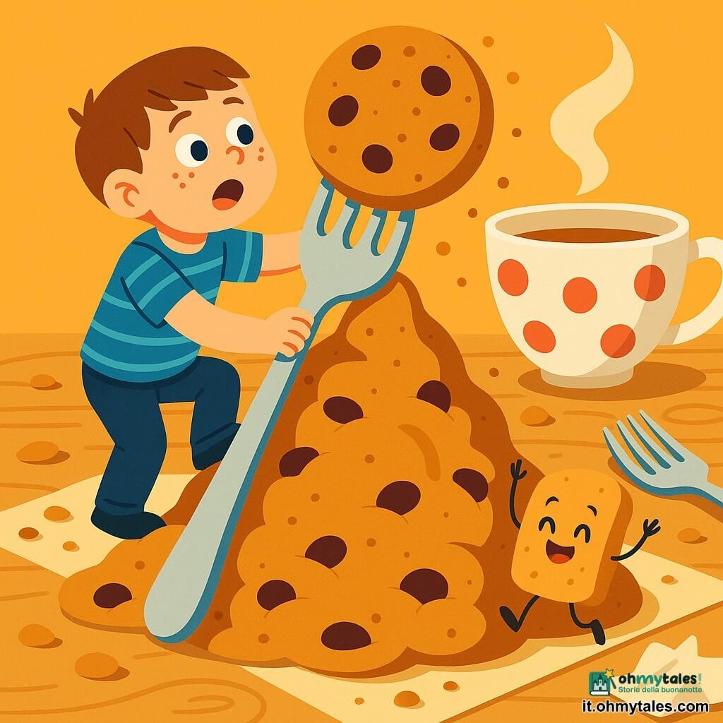Un bambino di 8 anni dal volto rotondo e lentigginoso, espressione meravigliata e determinata, capelli corti castani, camicia a righe blu, scala con cautela una forchetta gigante conficcata contro una montagna di biscotti per raggiungere un grosso biscotto in cima; accanto alla base, a destra del bambino, una piccola briciola di pane antropomorfa alta quanto una mano, con occhi neri tondi e sorriso birichino, braccia e gambe sottili, salta e applaude; sullo sfondo una grande tazza fumante di tè e la scena si svolge su un tavolo enorme di legno chiaro cosparso di grosse briciole e posate sovradimensionate; situazione giocosa e sfidante, atmosfera gioiosa e colorata, colori vivaci, contrasti netti, forme semplici e composizione centrata e leggibile per un pubblico giovane.