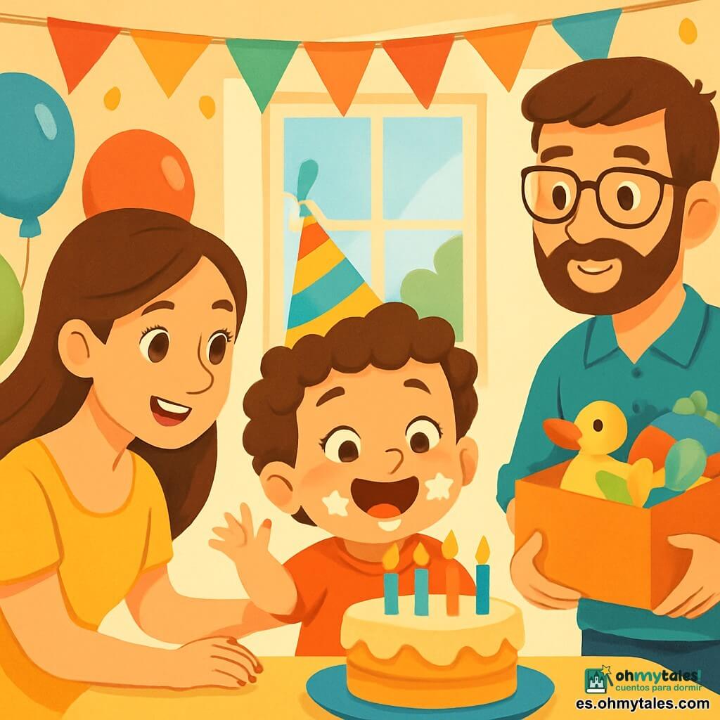 Un niño pequeño de 2 años, con cabello rizado y ojos brillantes, lleva un sombrero de papel colorido y sonríe con entusiasmo. Está rodeado de globos rojos, azules y verdes que flotan a su alrededor. Su pequeña boca está llena de pastel y tiene restos de crema en la nariz, lo que lo hace aún más adorable. A su lado, su mamá, una mujer de unos treinta años con cabello largo y castaño, sonríe tiernamente sosteniendo un gran pastel decorado con velas de colores. Ella lleva un vestido brillante y se inclina hacia él con amor. Un poco más lejos, su papá, un hombre de unos treinta años con barba suave y gafas, sostiene una caja llena de juguetes. Mira a su hijo con orgullo y alegría, listo para ofrecer un regalo. La escena tiene lugar en una sala de estar luminosa, decorada con guirnaldas coloridas y globos colgados en las paredes. Una gran ventana deja entrar la luz del sol, iluminando el dulce decorado festivo. El niño, emocionado, sopla las velas de su pastel de cumpleaños, rodeado de risas y amor, mientras sus amigos y familia cantan alegremente.