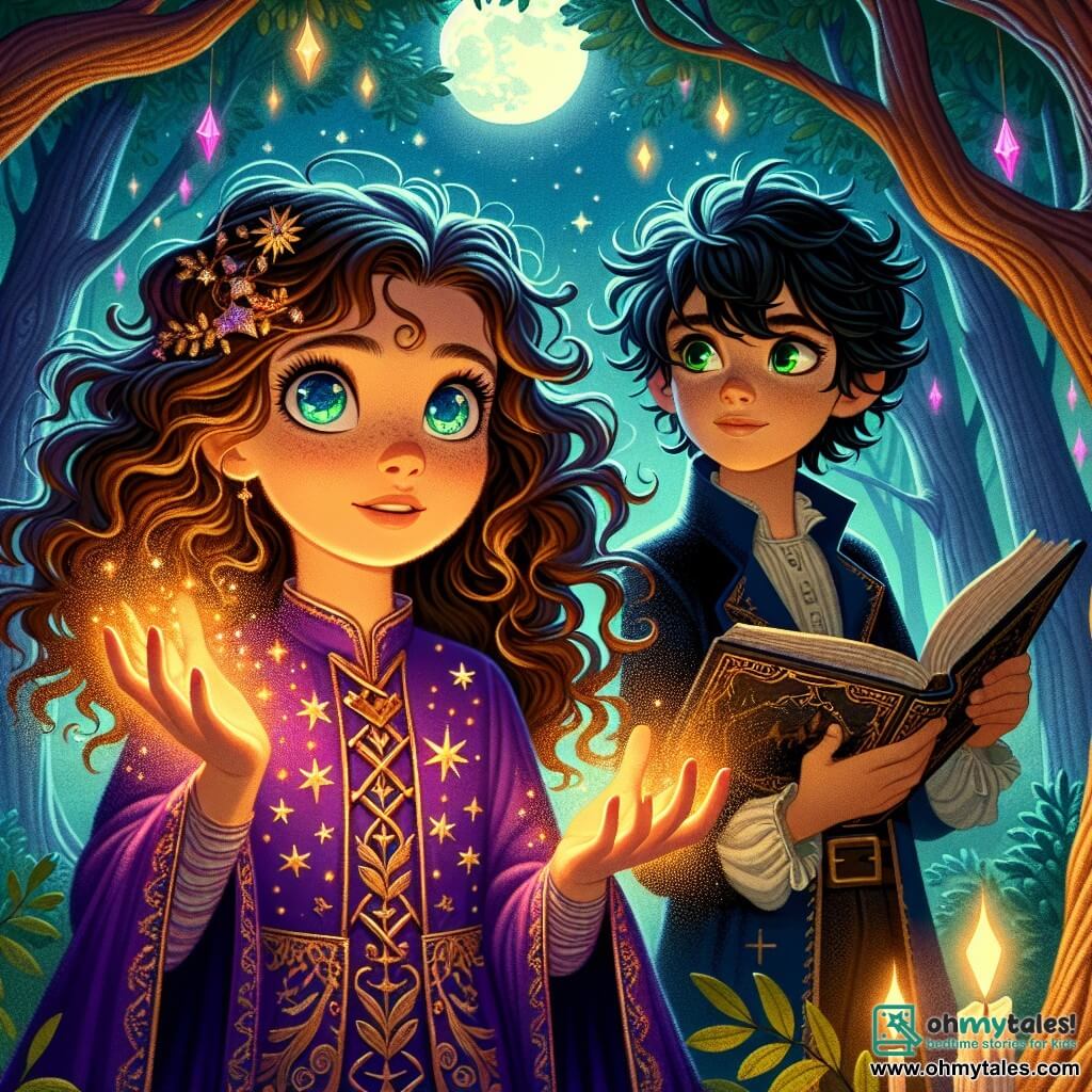 In the center of the image, Elara, a twelve-year-old girl, is depicted as an apprentice witch. She has long wavy brown hair, sparkling curious eyes, and wears a purple velvet witch's dress adorned with golden star patterns. Her face shows a mix of determination and excitement as she raises her hands, channeling a small flame in her palm, illuminating her face with a warm glow. Next to her, Jasper, a twelve-year-old boy with messy black hair and bright green eyes, looks at Elara with admiration. He wears a blue tunic and holds an open old grimoire, his eyes focused on the text with a look of concentration. In the background, the enchanting setting of the Moon Glade is visible, with majestic trees surrounding the area, their leaves shimmering under the full moonlight. Glimmering crystals emerge from the ground, casting colorful reflections on the children's faces, creating a magical atmosphere. The main scene shows Elara and Jasper performing a magic ritual, surrounded by the mystical aura of the glade, as they face a magical challenge together, determined to prove their worth as witches.